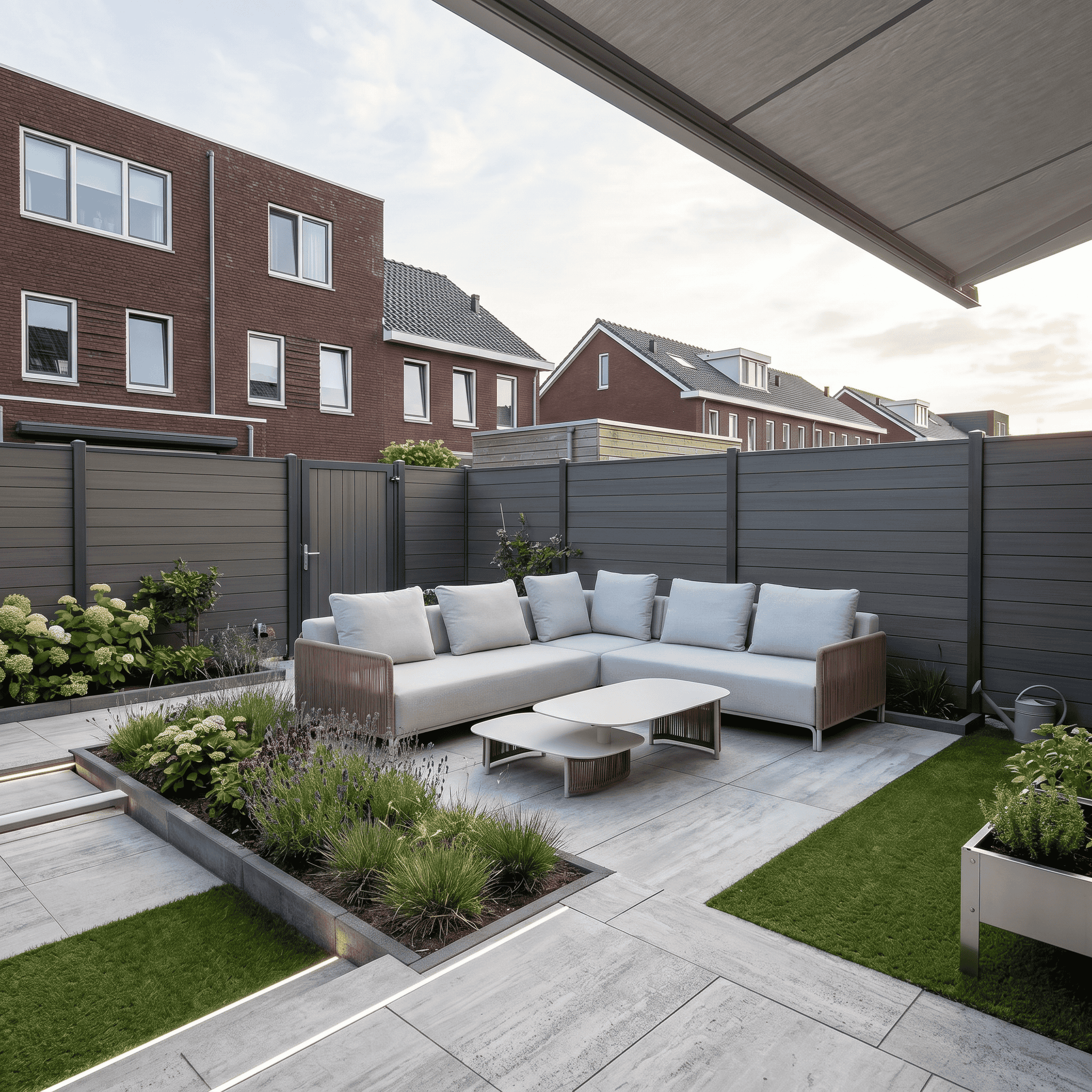 Een Ibiza stijl loungeset in hoekopstelling met een bijpassende, ronde witte salontafel, geplaatst op een betegeld terras.