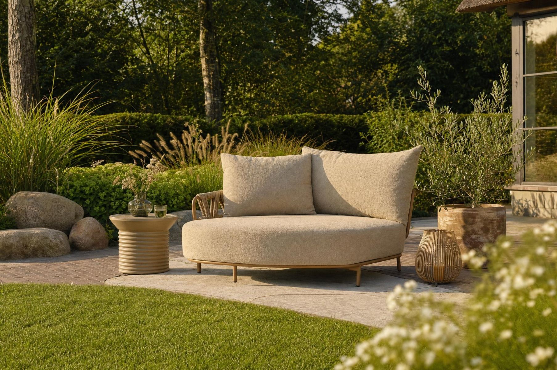 4 Seasons Biarritz Chaiselongue mit rechter Armlehne amber mit 2 Kissen