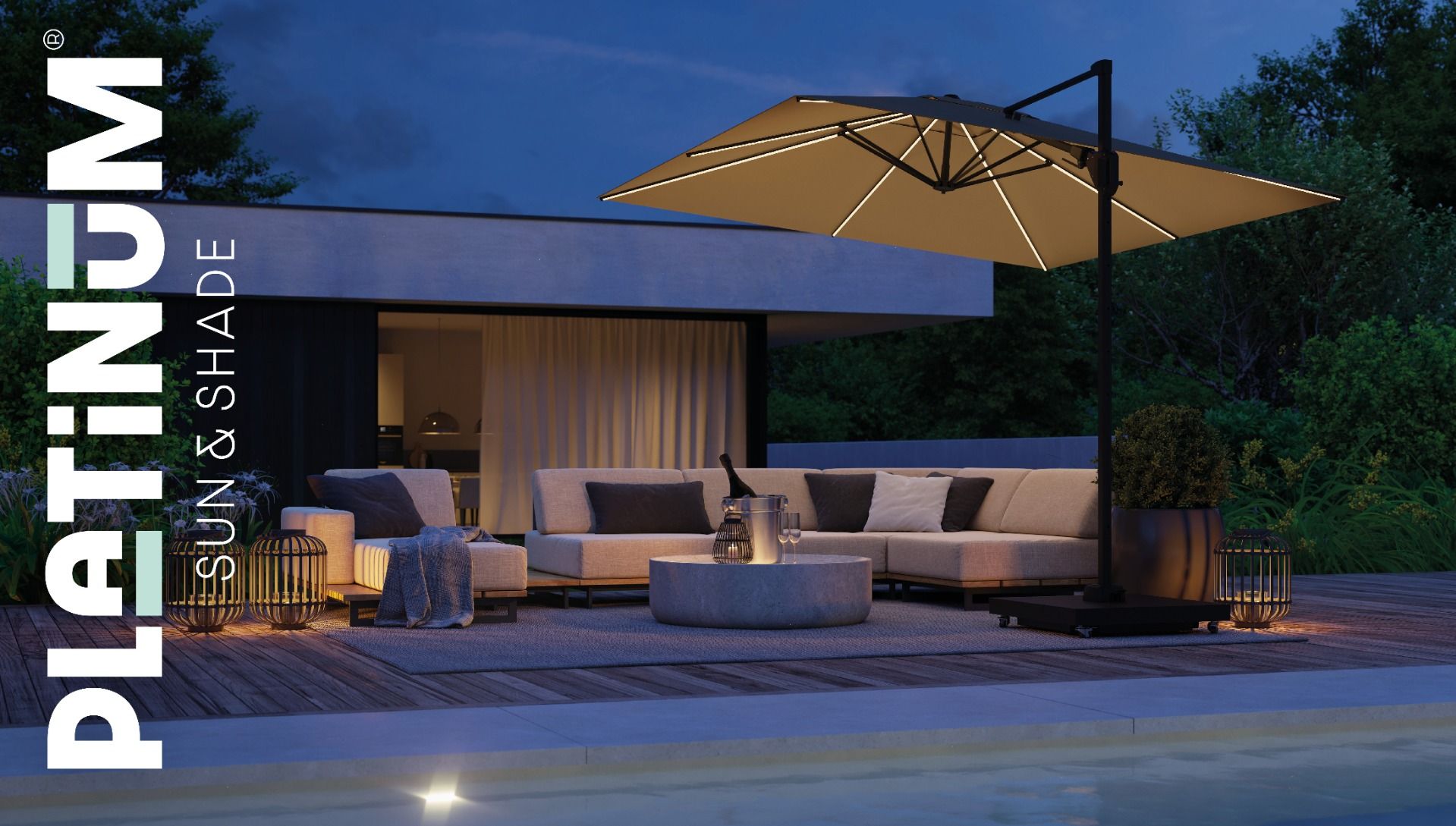 Platinum Challenger telescope zweefparasol 3x3m T2 premium (excl. voet) havana GLOW thumbnail