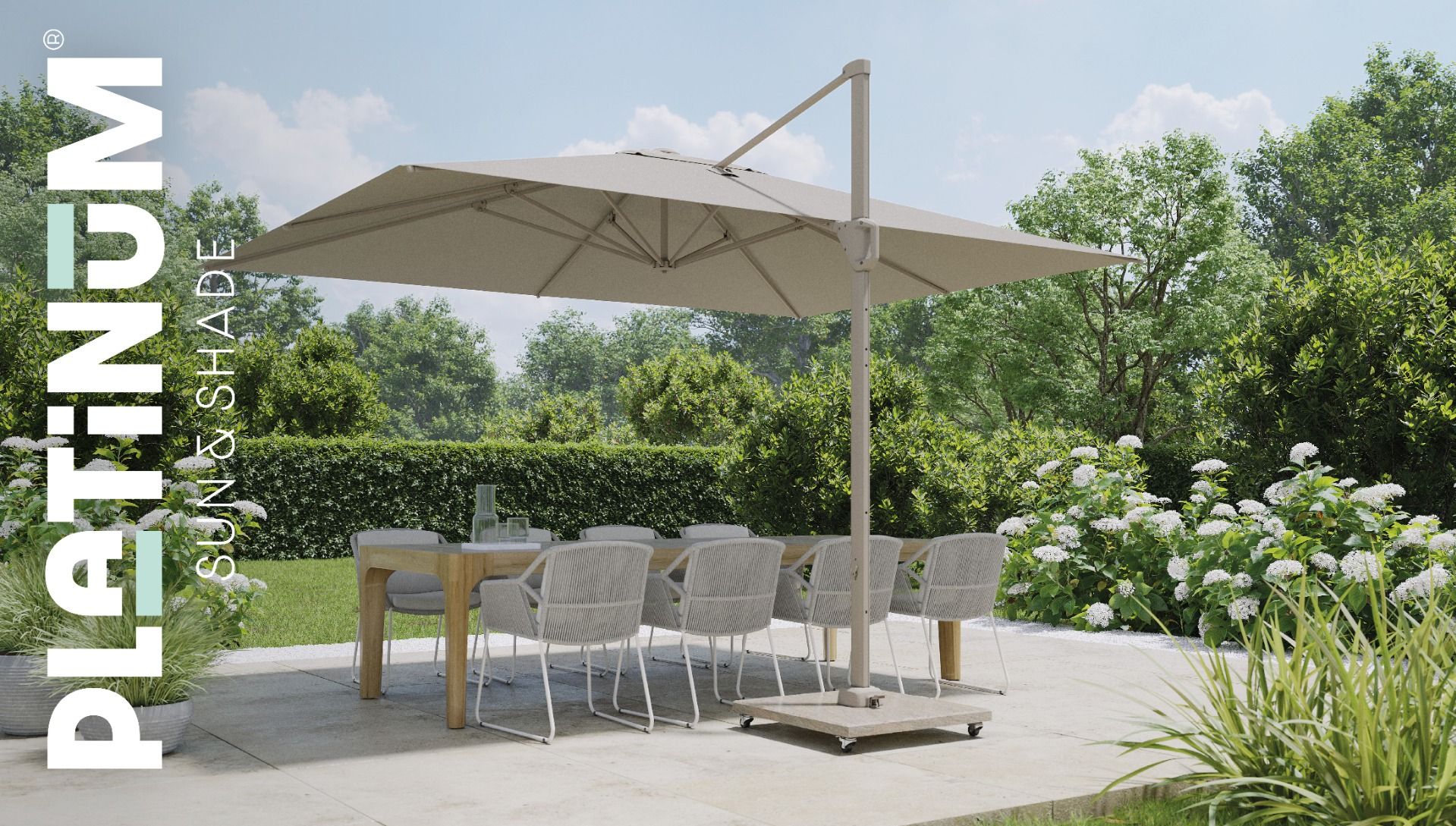 Platinum Challenger zweefparasol 4x3m T2 premium (excl. voet) sand frame/champagne