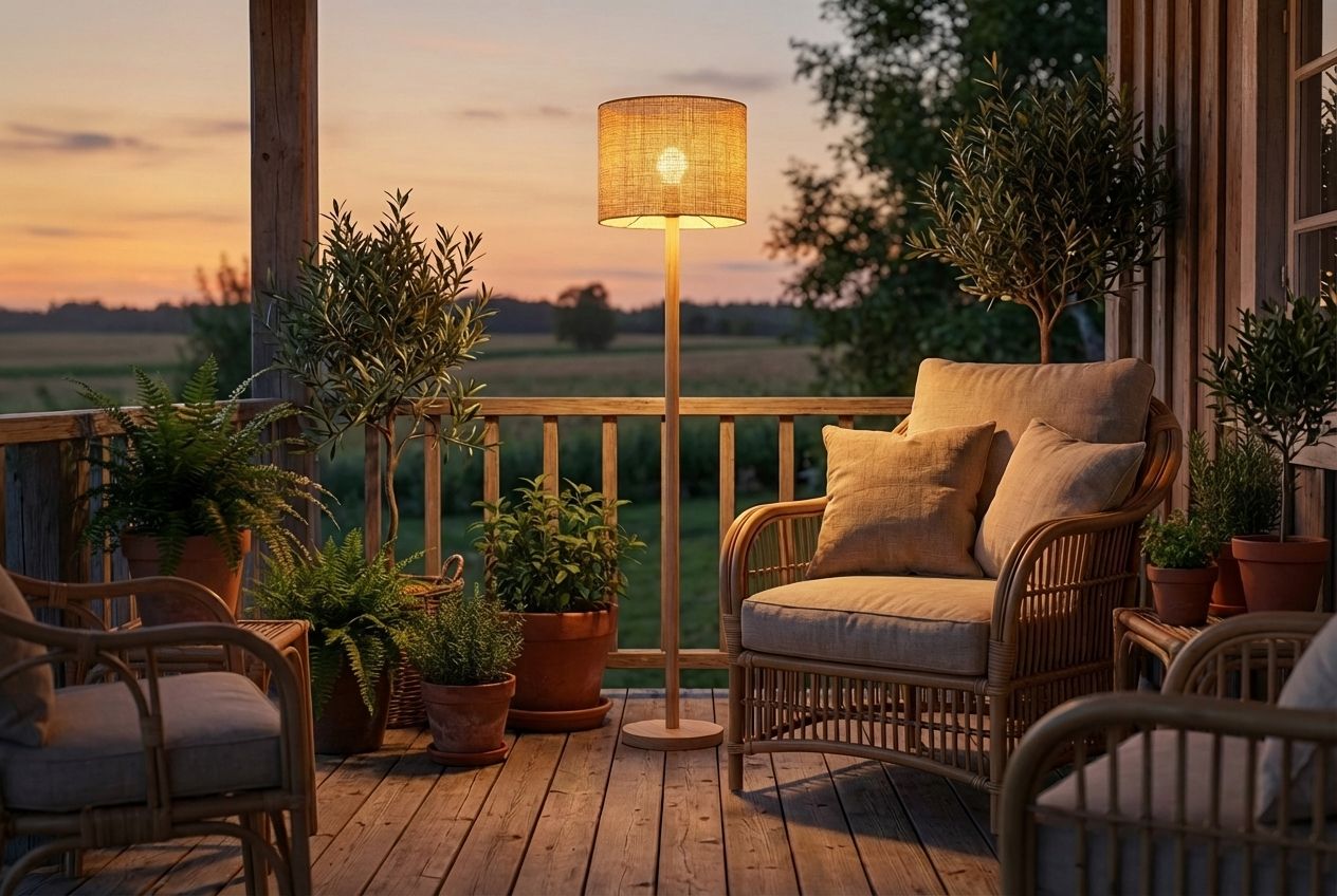 Landelijke vloerlamp hout met linnen kap naturel 32 cm - Mels