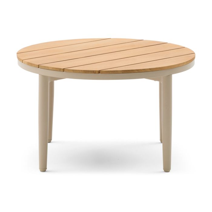 Loungetafel in sand aluminium met teakhout blad – zijaanzicht