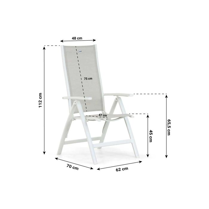 Tuinstoel met afmetingen - Verstelbare tuinstoel met wit aluminium frame Tuinstoel met afmetingen - Verstelbare tuinstoel met wit aluminium frame