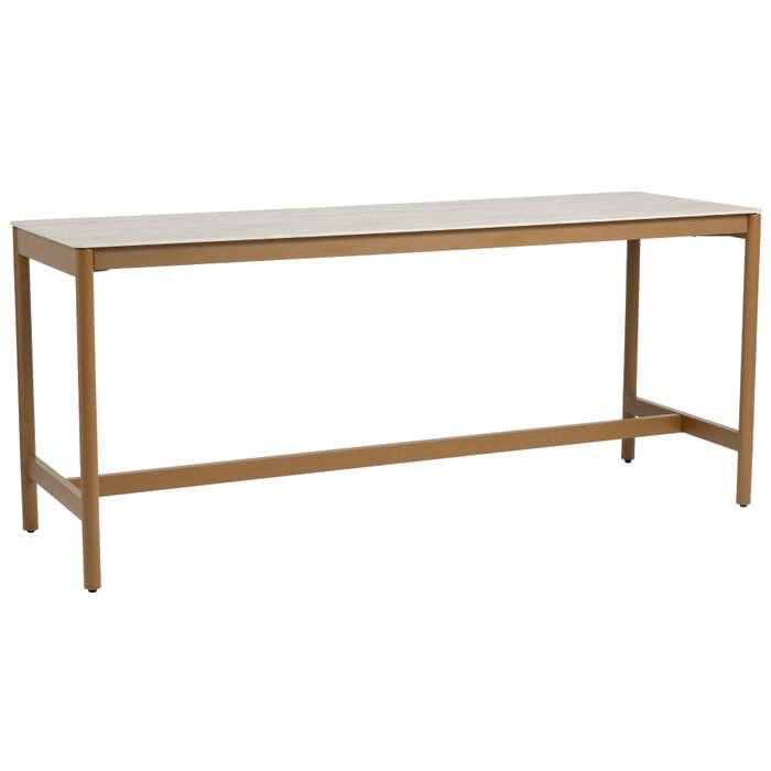 4 Seasons Outdoor Soho high dining tuintafel 220×75×95 cm in amber met keramisch blad en slank amber aluminium onderstel met voetensteunen.