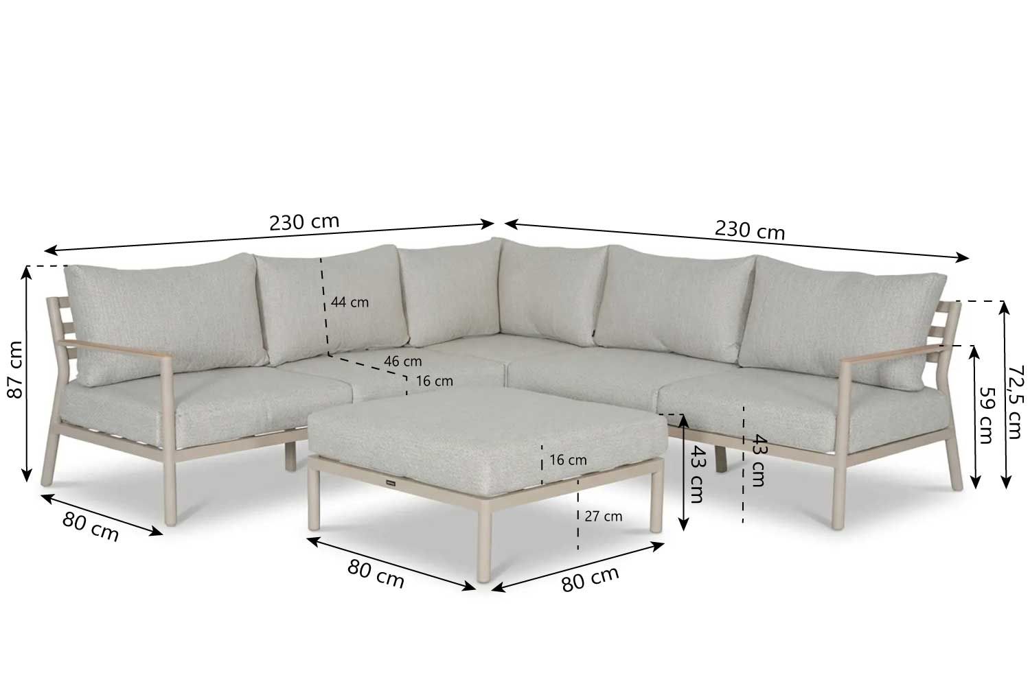 Maatschets van de Verano hoek loungeset: 230 bij 230 cm, zitdiepte 80 cm, tafel 80 bij 80 cm.