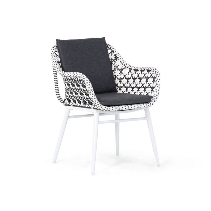 Dining tuinstoel van wit aluminium met zwart/wit wicker – zijaanzicht Dining tuinstoel van wit aluminium met zwart/wit wicker – zijaanzicht