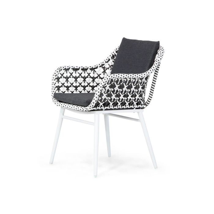 Dining tuinstoel van wit aluminium met zwart/wit wicker – zijaanzicht Dining tuinstoel van wit aluminium met zwart/wit wicker – zijaanzicht