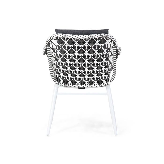 Dining tuinstoel van wit aluminium met zwart/wit wicker – achteraanzicht Dining tuinstoel van wit aluminium met zwart/wit wicker – achteraanzicht