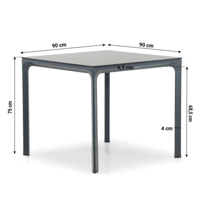Tuintafel met afmetingen – vierkante tafel van antraciet aluminium en HPL blad Tuintafel met afmetingen – vierkante tafel van antraciet aluminium en HPL blad