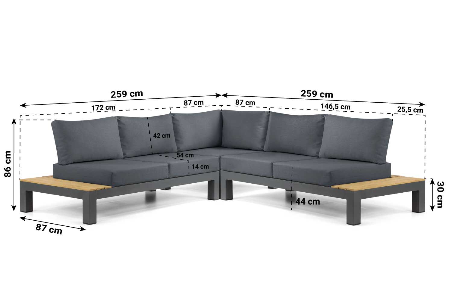Maatschets van de Vittoria platform hoekbank: 259 bij 259 cm en 87 cm diep.