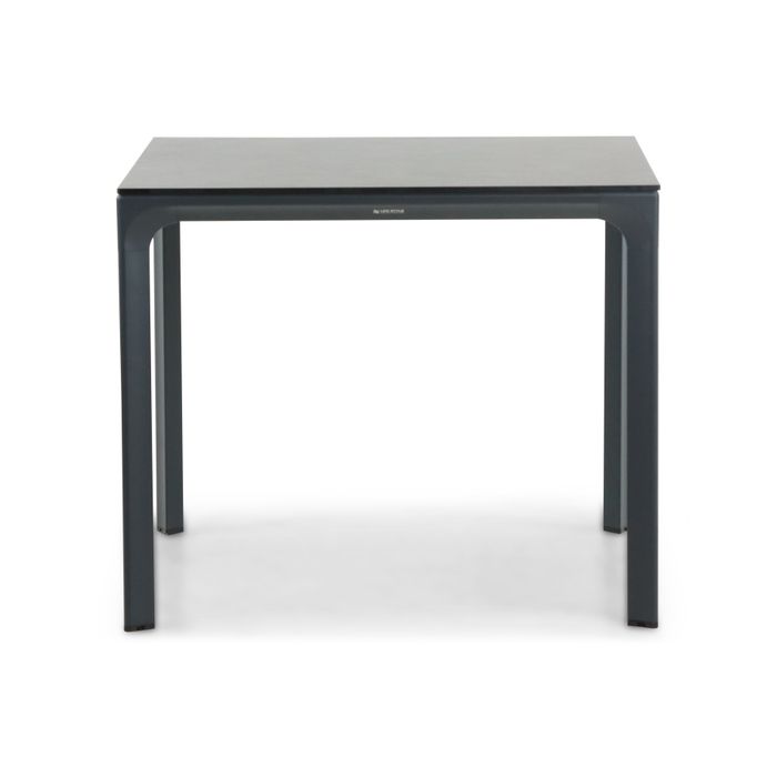 vierkante tuintafel in antraciet aluminium met HPL blad – zijaanzicht vierkante tuintafel in antraciet aluminium met HPL blad – zijaanzicht