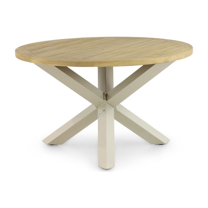Ronde tuintafel met loft aluminium frame en teakhout blad
