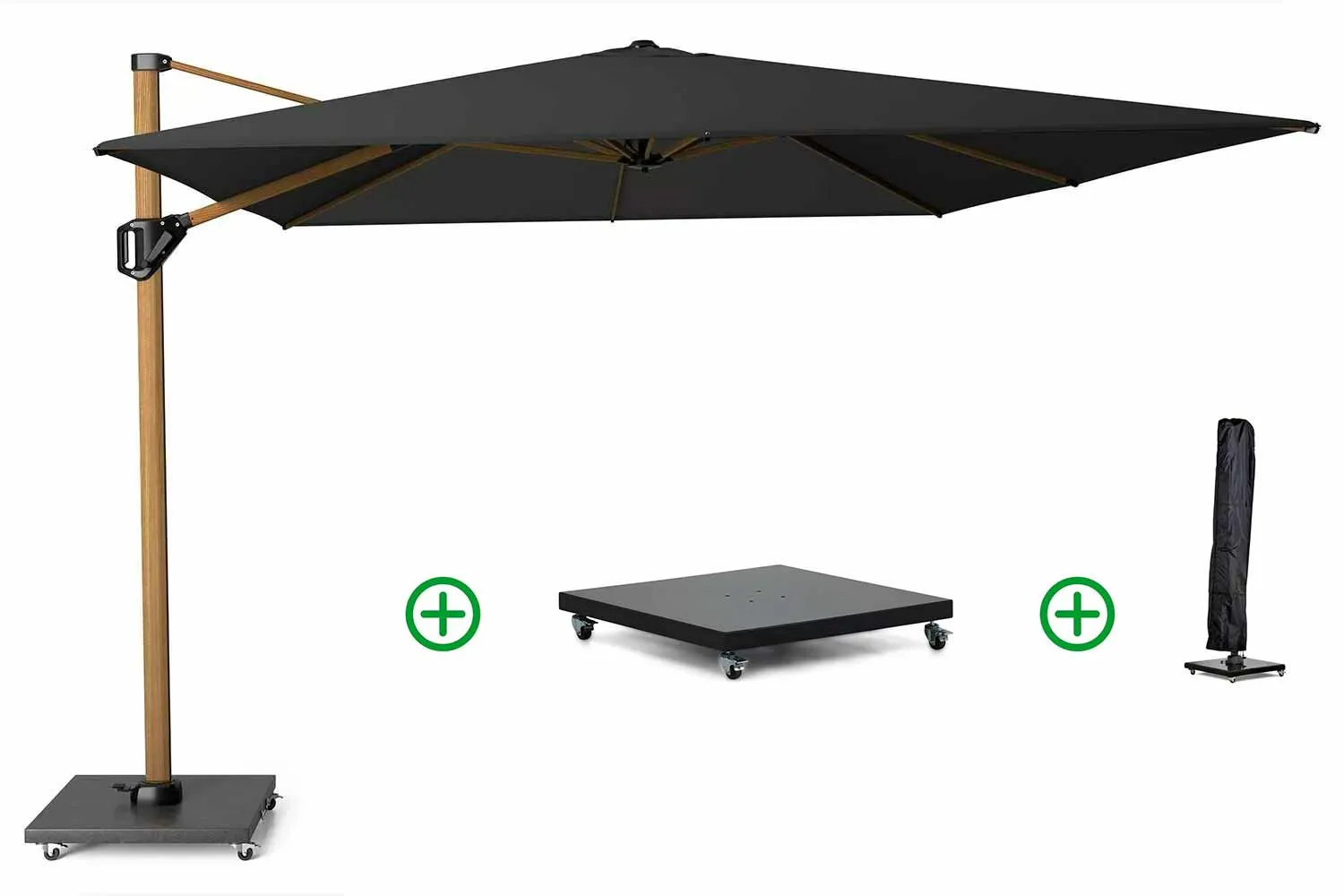 Platinum Challenger zweefparasol 3x3m T2 premium teaklook frame (incl. voet en hoes) faded black