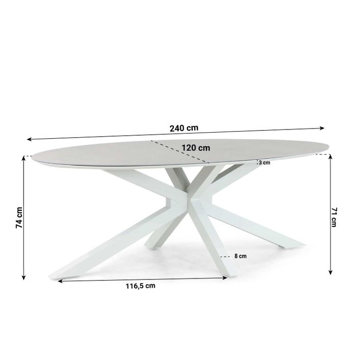 Tuintafel met afmetingen – ovale tafel van wit aluminium en keramisch blad Tuintafel met afmetingen – ovale tafel van wit aluminium en keramisch blad