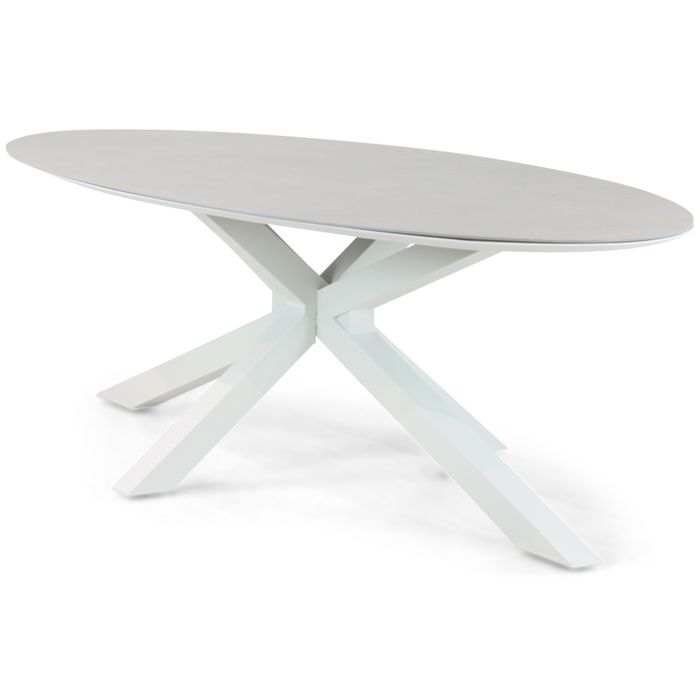 Ovale tuintafel in wit aluminium met keramisch blad – zijaanzicht Ovale tuintafel in wit aluminium met keramisch blad – zijaanzicht
