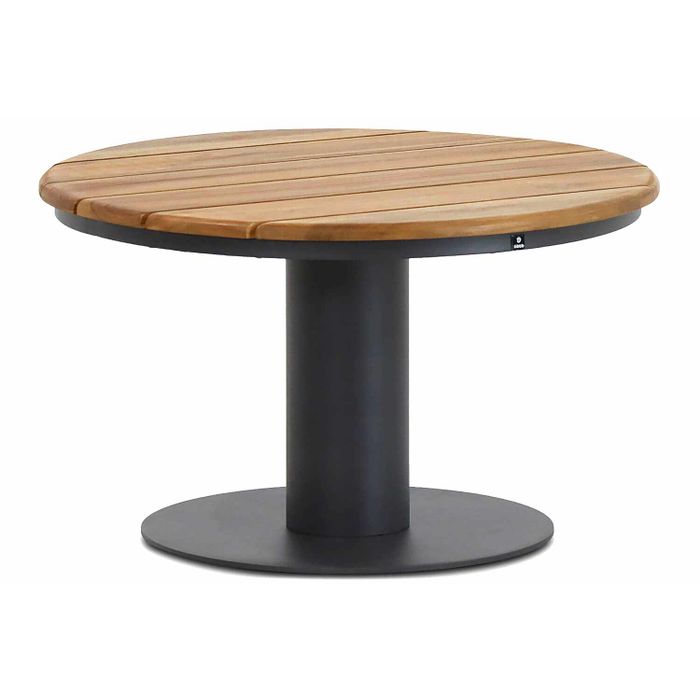Ronde loungetafel van antraciet aluminium met teakhout – vooraanzicht
