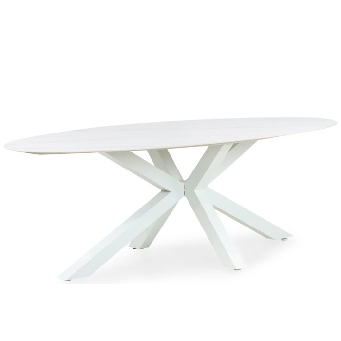 Ovale tuintafel van wit aluminium met keramiek – vooraanzicht