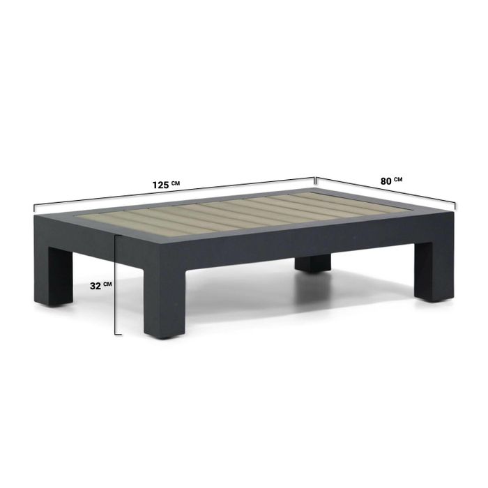 Tuintafel met afmetingen – rechthoekige loungetafel van antraciet aluminium en polywood blad Tuintafel met afmetingen – rechthoekige loungetafel van antraciet aluminium en polywood blad