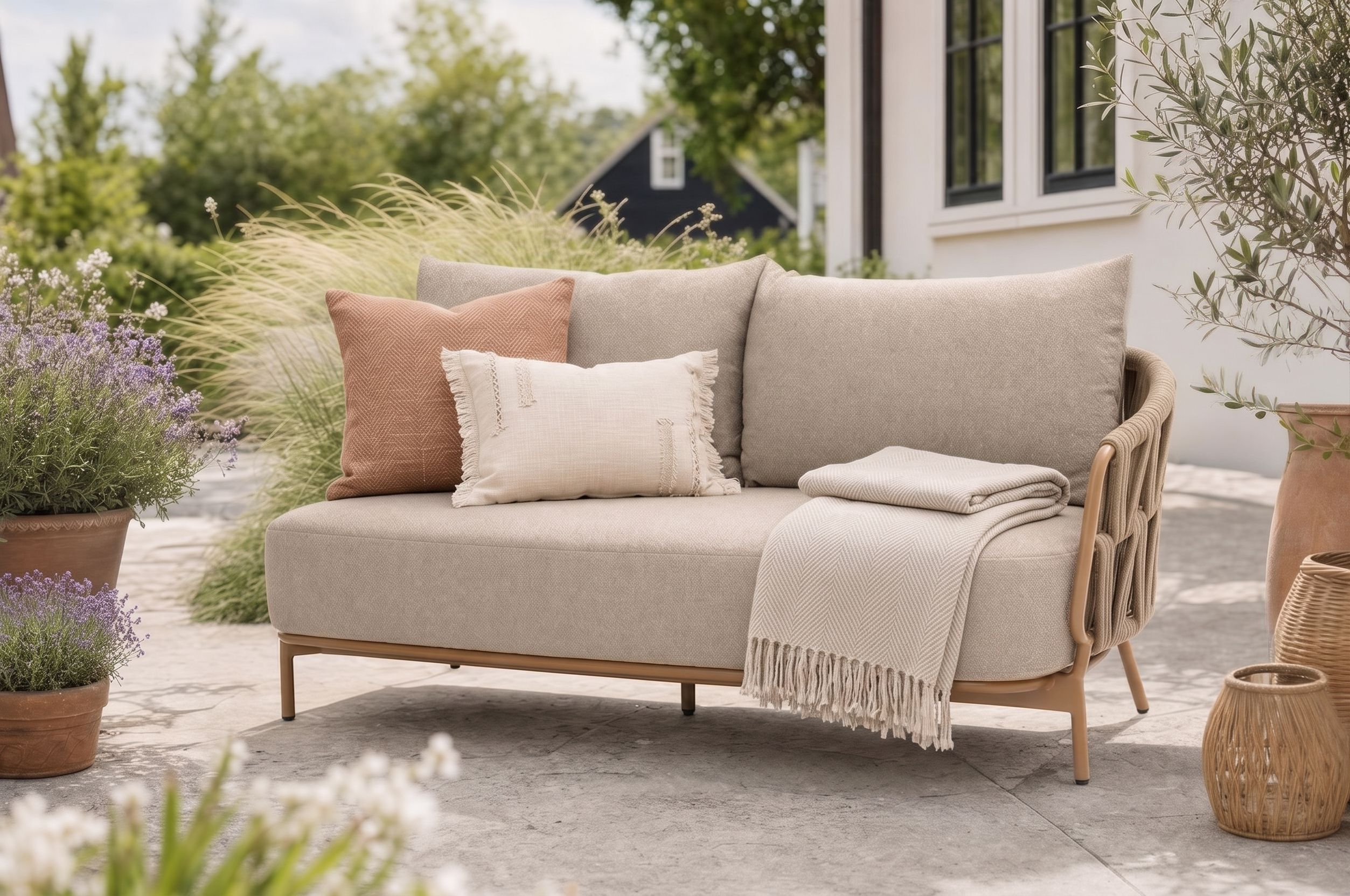 Landelijke wicker tuinbank met comfortabele kussens en een plaid op het terras bij een woning.