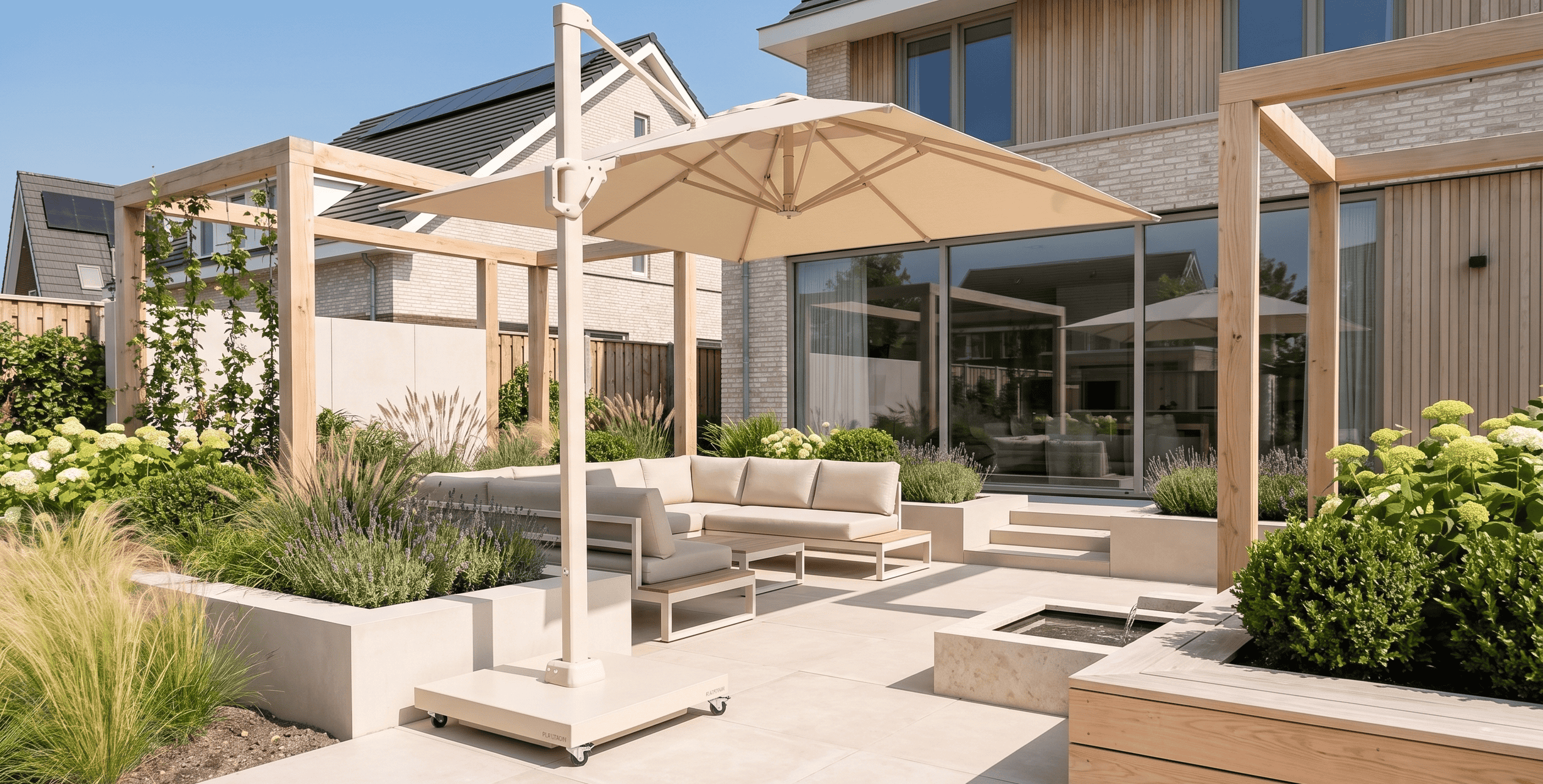 Beige zweefparasol in aardetinten op een verrijdbare voet, passend bij een modern tuinontwerp met houten pergola en lichte loungeset