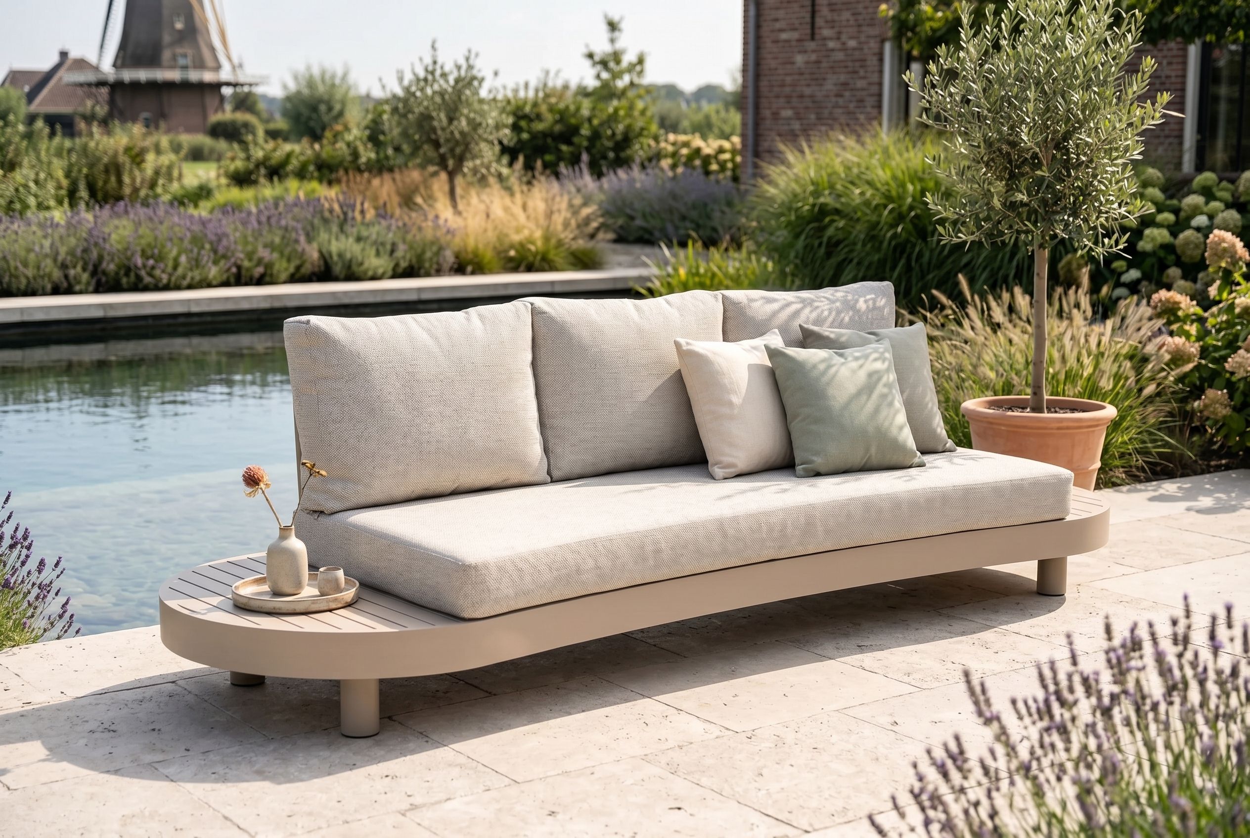 Een grote 3-zits loungebank op een terras bij het zwembad, welke voldoende ruimte biedt om comfortabel te zitten.
