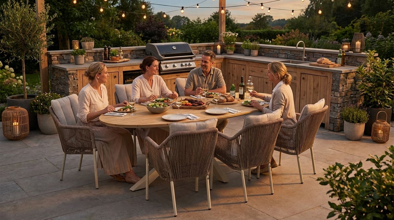 Zelfgebouwde buitenkeuken met werkblad en ingebouwde barbecue