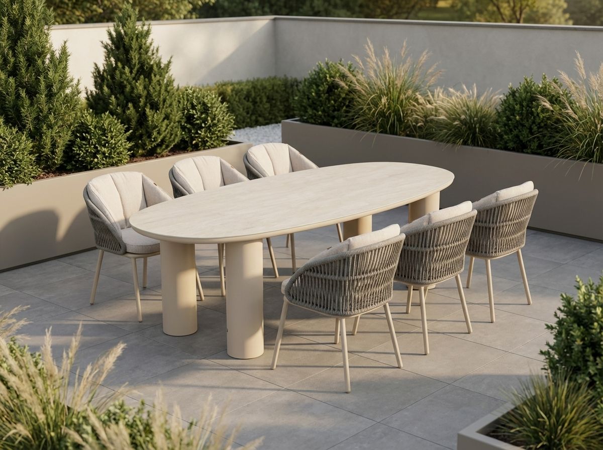 Tuintafel met zes moderne diningstoelen op een onderhoudsarm terras met grote grijze tegels en evergreen beplanting.