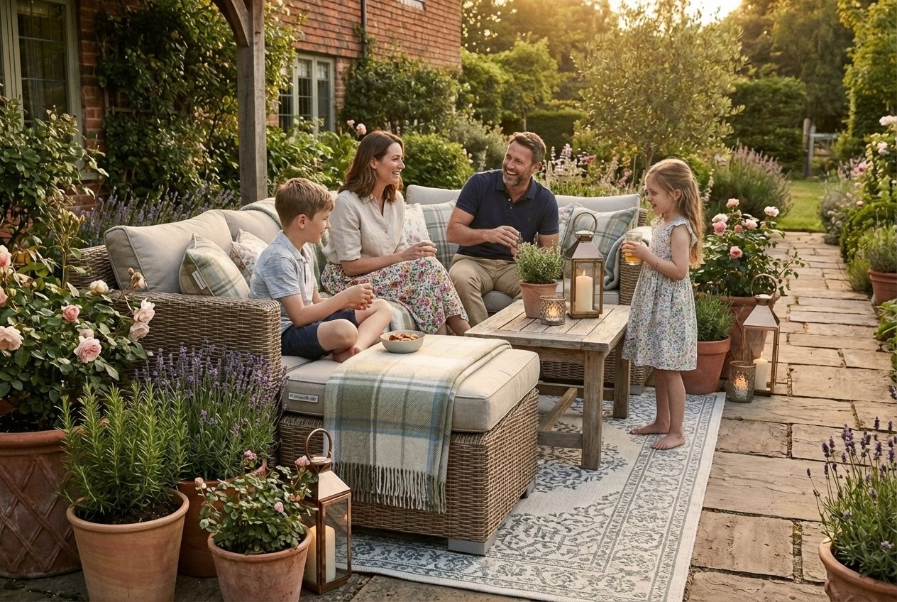 Gezin met twee kinderen ontspant op wicker loungeset in Engelse cottage-tuin, omringd door sierkussens, plaids, lantaarns en terracotta potten met lavendel en rozen.