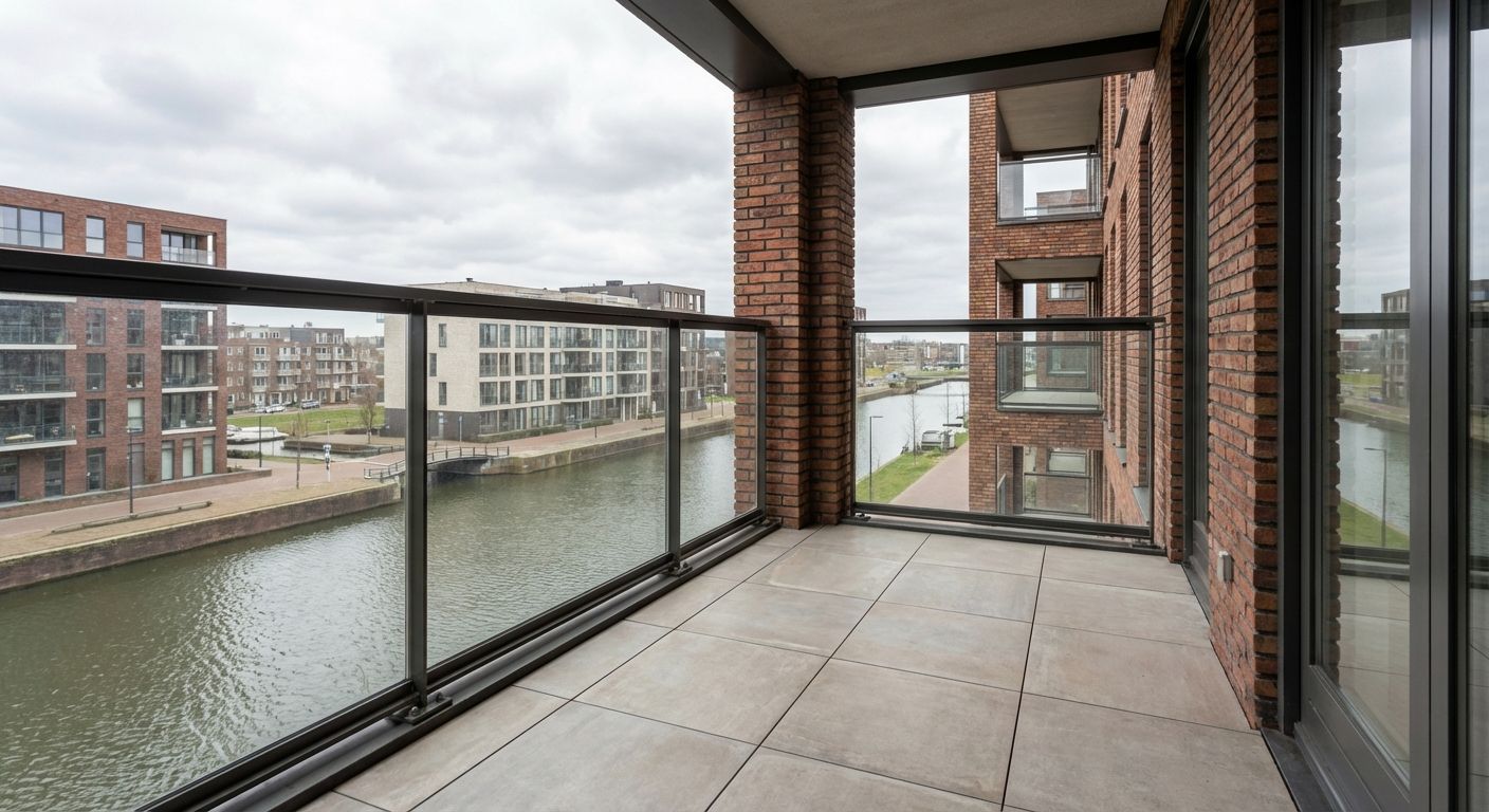 Ruim balkon met glazen balustrade en grijze tegels, gelegen aan het water bij een modern appartementencomplex met uitzicht over het kanaal.