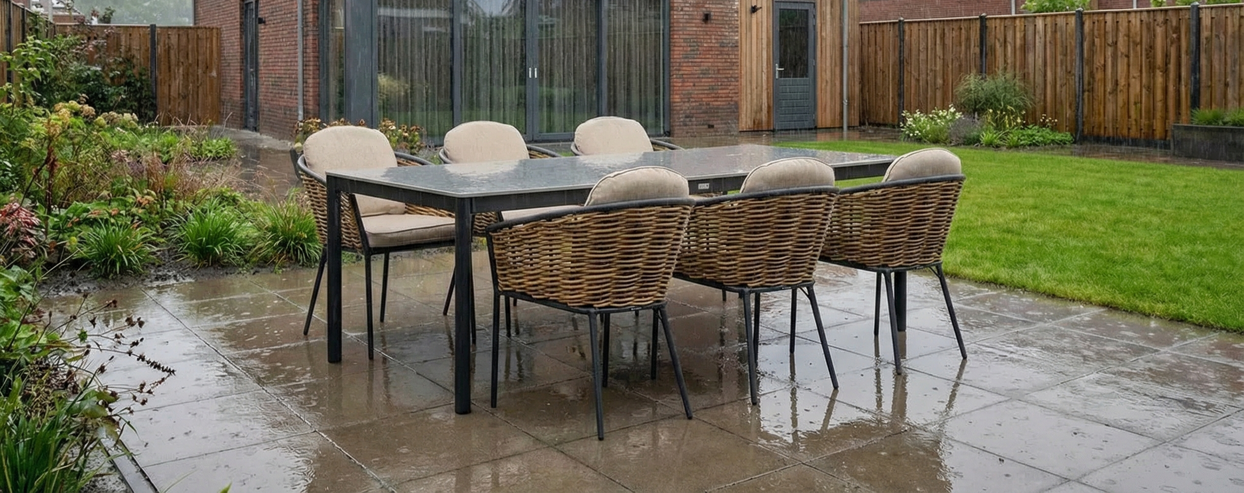 Moderne tuinset met zwarte aluminium tuintafel en zes wicker tuinstoelen met lichte kussens, geplaatst op een nat terras in een strak aangelegde achtertuin met groen gazon en houten schutting.