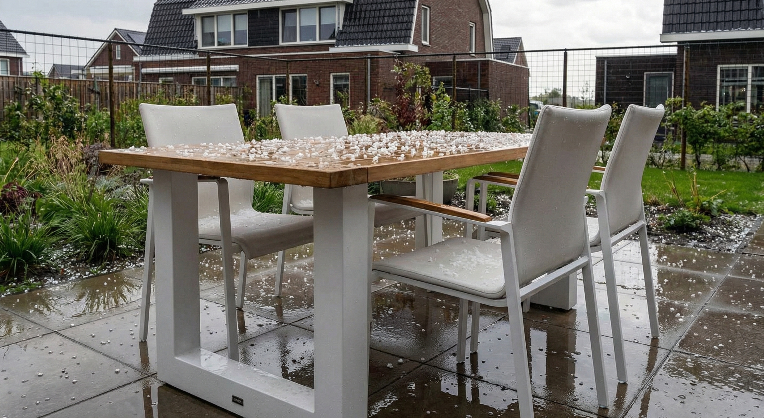 Tuinset met een rechthoekige houten/aluminium tuintafel en textileen tuinstoelen met armleuningen, geplaatst op een nat terras in een groene tuin, terwijl hagelstenen zichtbaar op het tafelblad, de stoelen en de bestrating liggen.