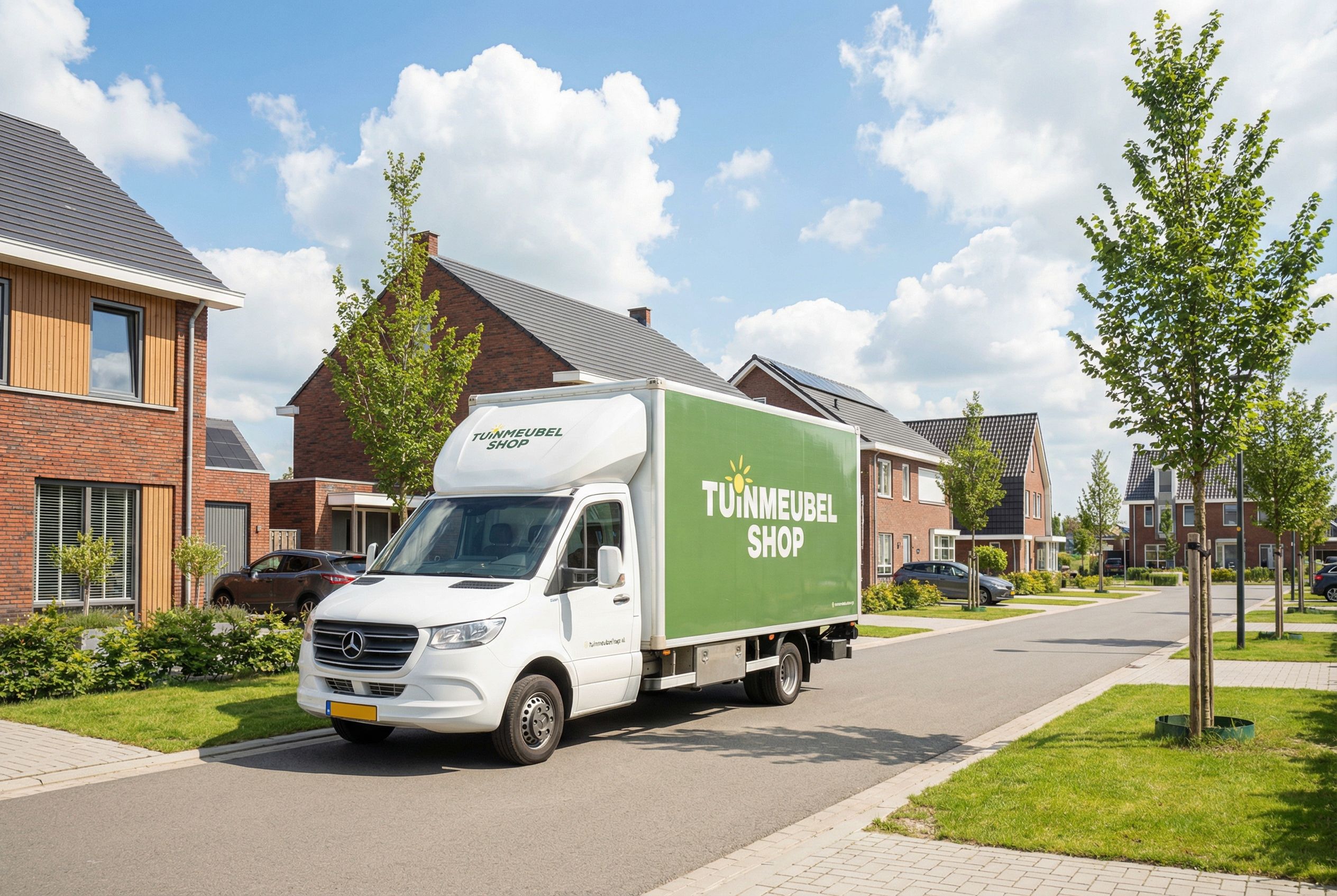 Een vrachtwagen van Tuinmeubelshop rijdt door een woonwijk voor de bezorging van tuinmeubelen aan huis.