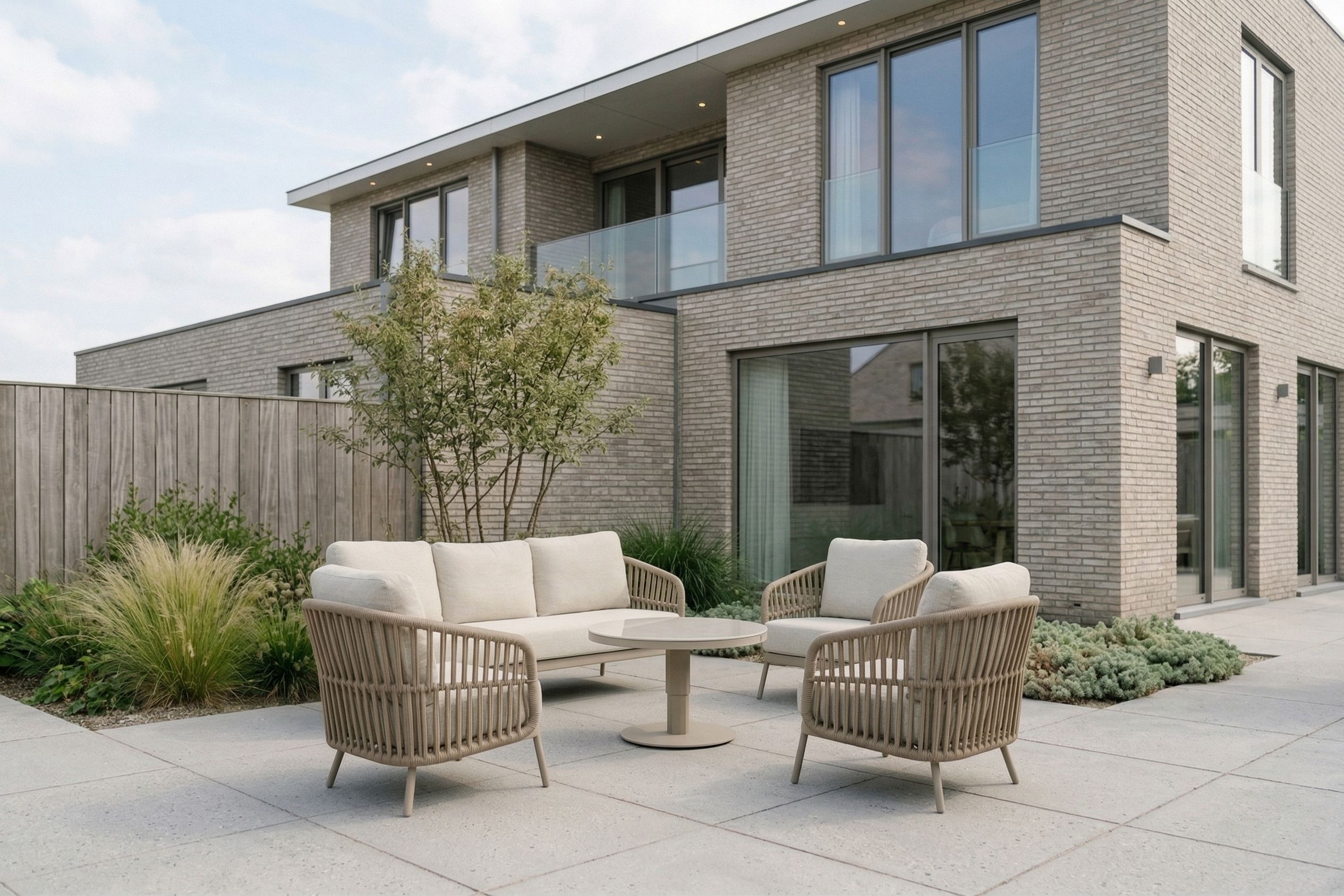 Luxe ronde loungeset met beige kussens en lage loungetafel op een ruim terras, geplaatst in een moderne tuin met siergrassen en een stijlvolle woning op de achtergrond.