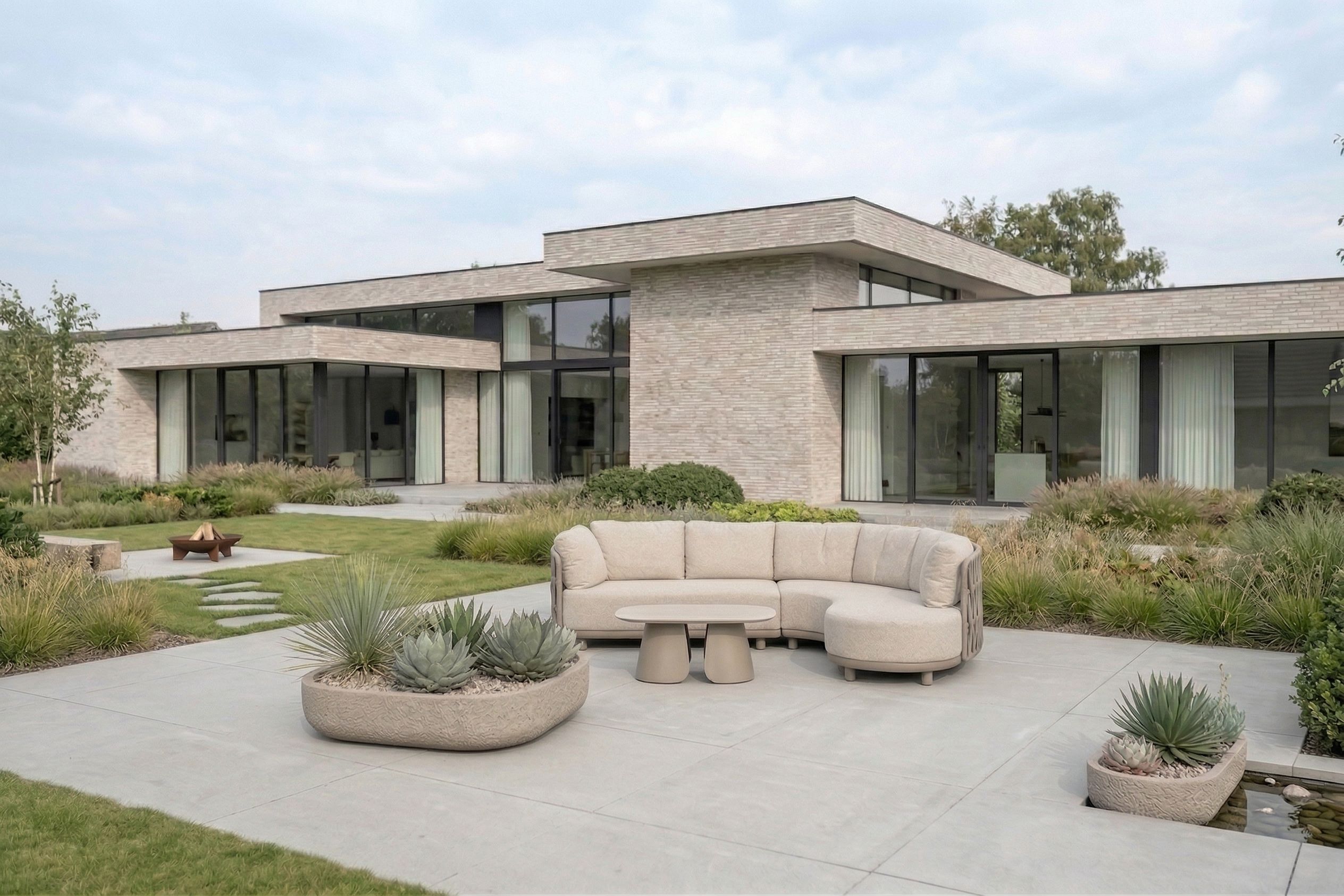 Weerbestendige organische hoekloungeset met beige kussens en rope-vlechtwerk op een luxe design terras.