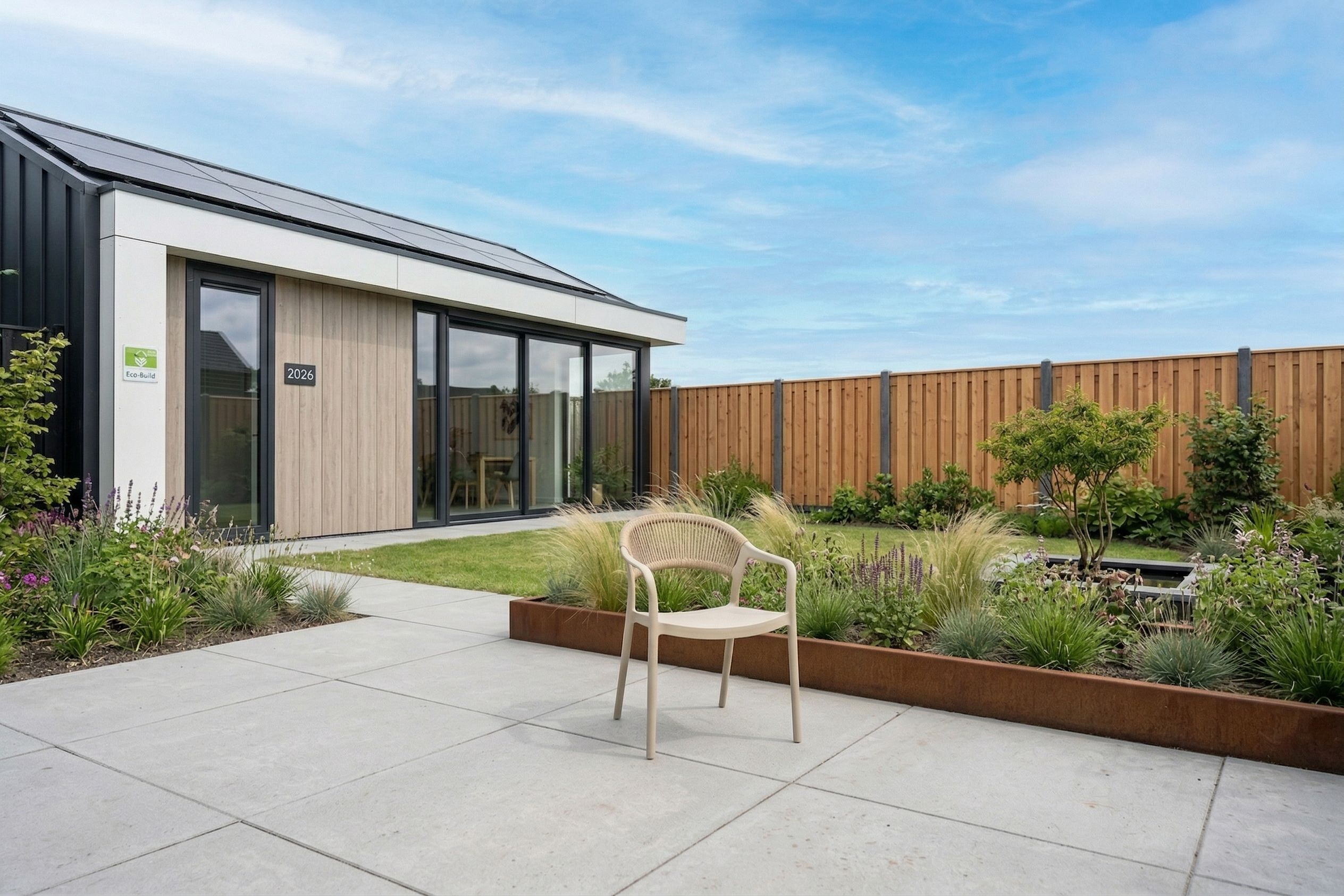 Beige kunststof tuinstoel op modern terras in aangelegde tuin met houten schutting