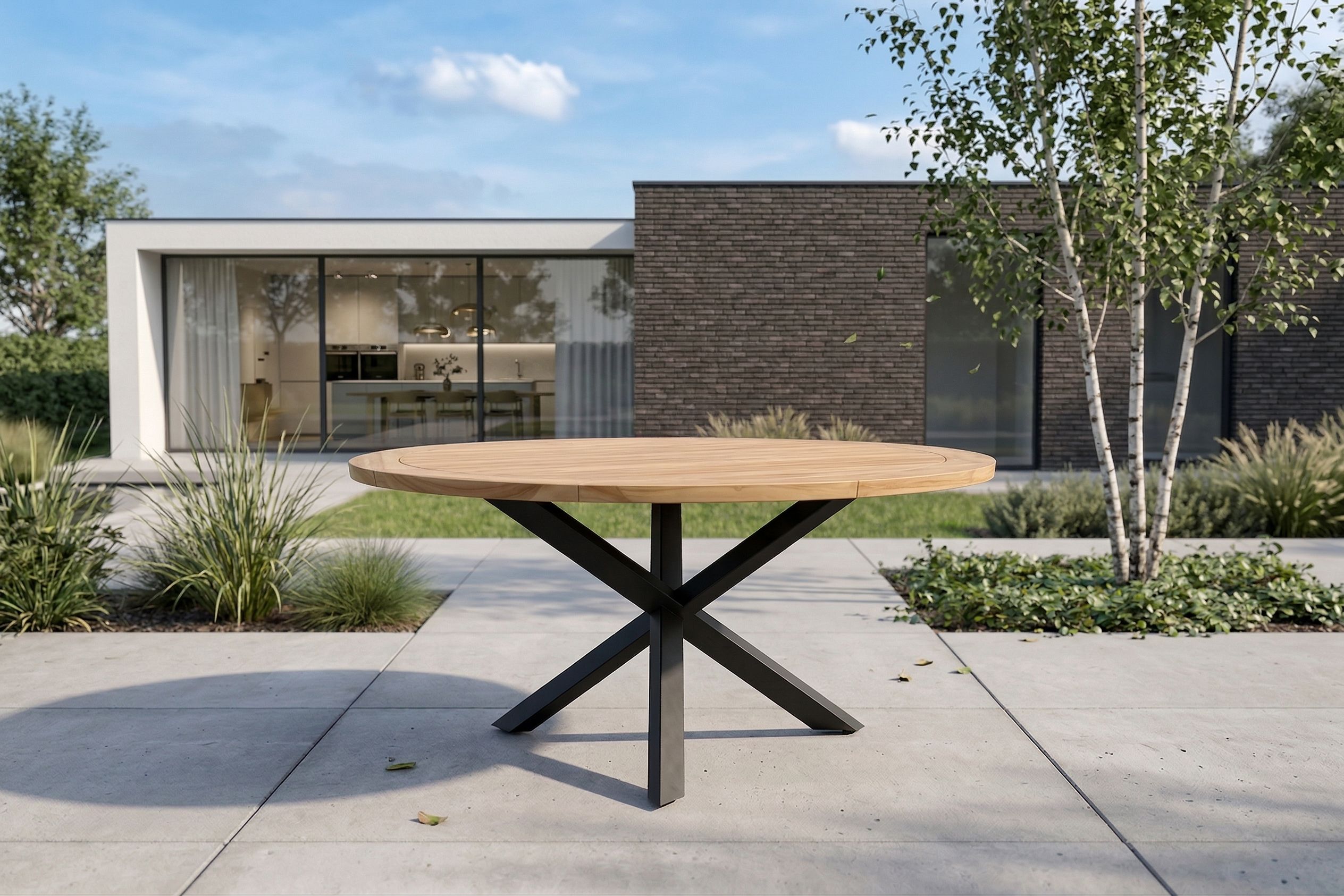 Een ronde houten tuintafel met een zwart metalen kruispoot-onderstel, geplaatst op een modern betegeld terras voor een woning met een bakstenen gevel en glazen pui.