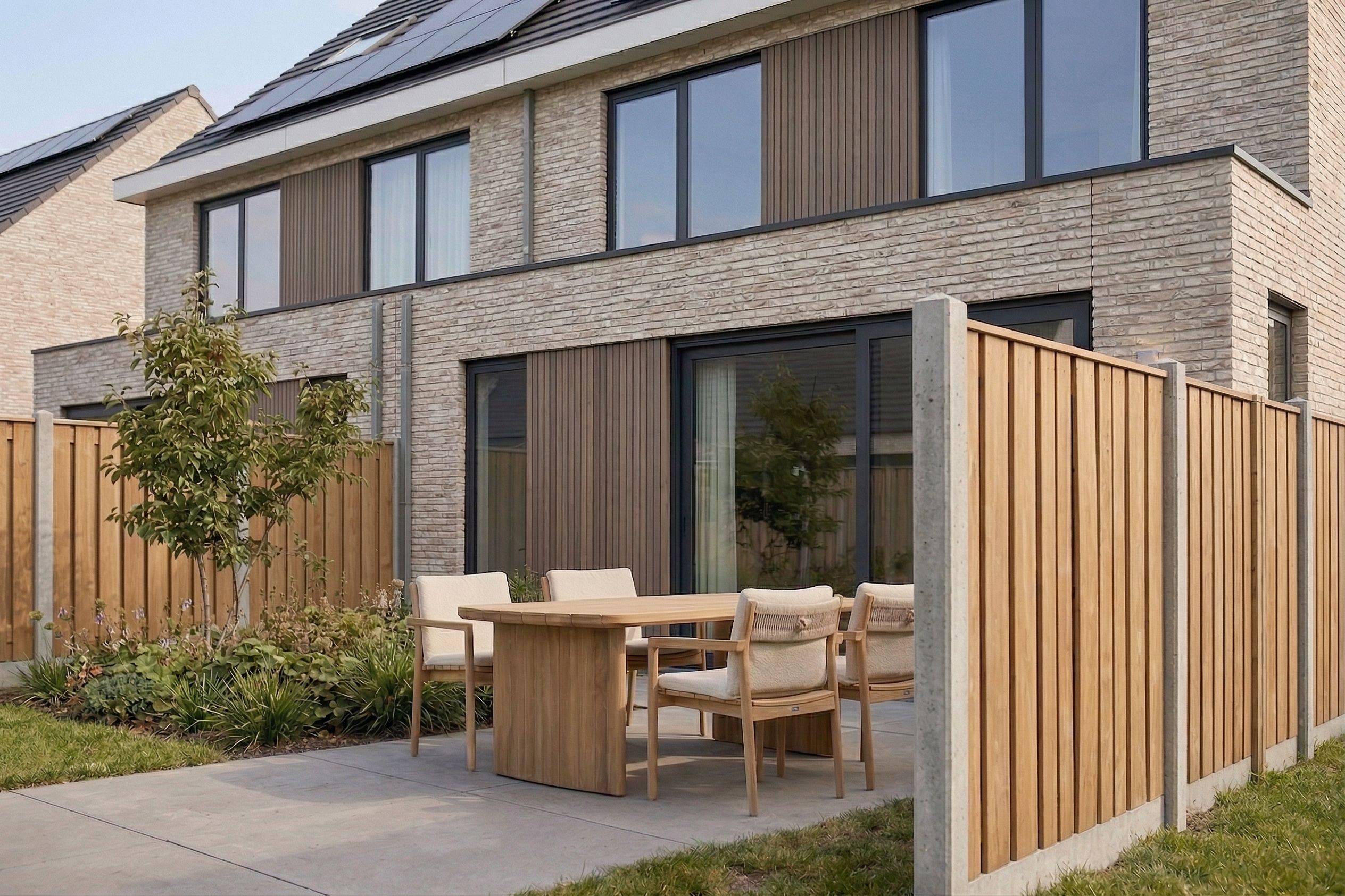 Moderne achtertuin met een teak houten tuinset op een stenen terras, geflankeerd door een houten schutting en een borders boompje, met een eigentijds bakstenen huis op de achtergrond.