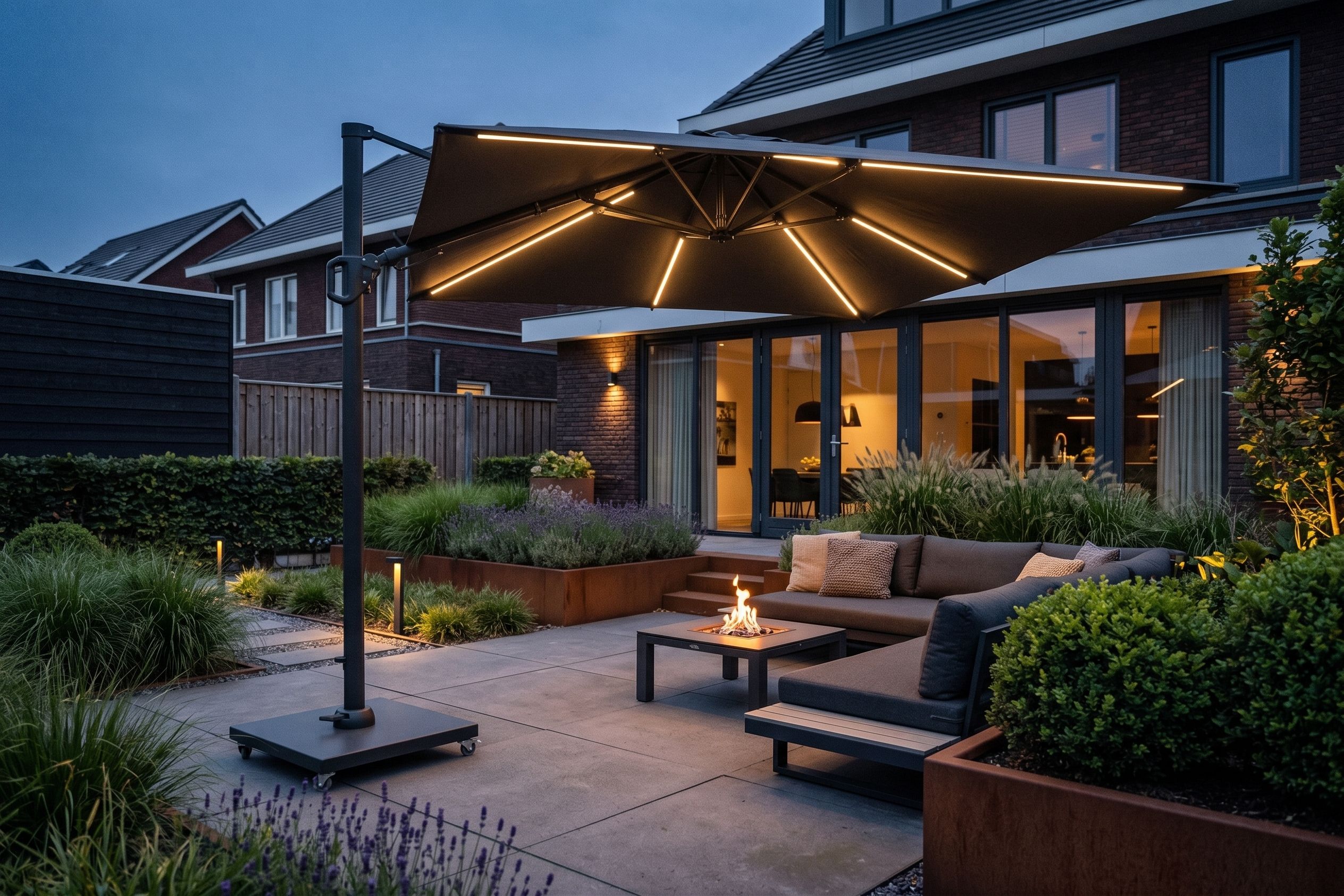 Luxe zweefparasol met geïntegreerde warm-witte LED-verlichting in de baleinen boven een sfeervol verlicht terras met loungeset.