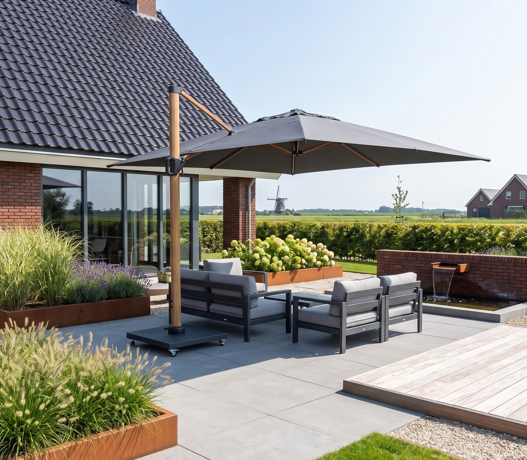 Voor de afbeelding in de sectie over materialen, waarbij specifiek de houtlook variant wordt getoond, is dit de beste SEO alt-tekst volgens de Google-richtlijnen:  alt="Onderhoudsvriendelijke aluminium zweefparasol met realistische houtlook mast en antraciet doek boven een moderne loungeset.