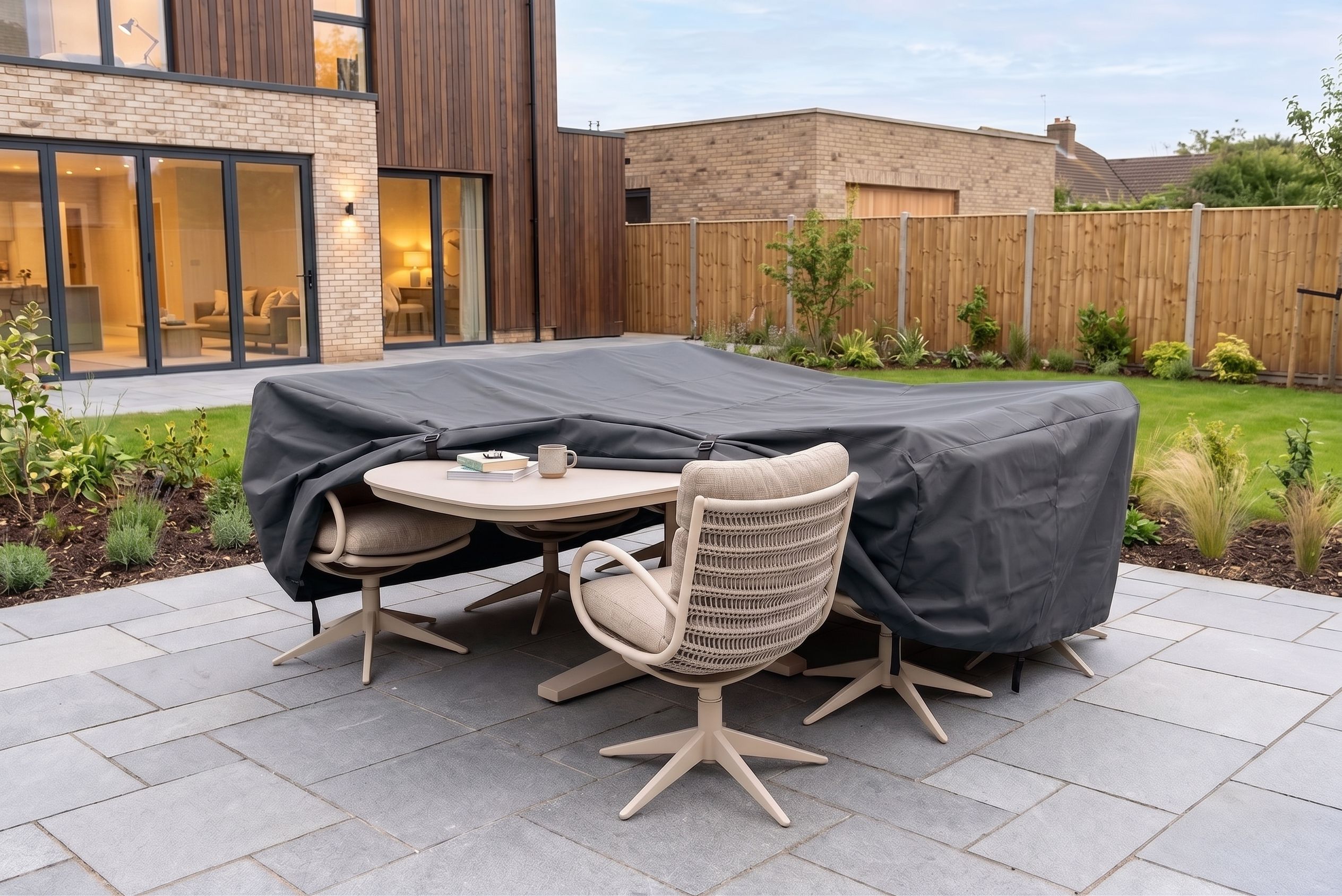 Moderne beige tuinset met een grote grijze afdekhoes die deels over de tafel en stoelen is geplaatst.
