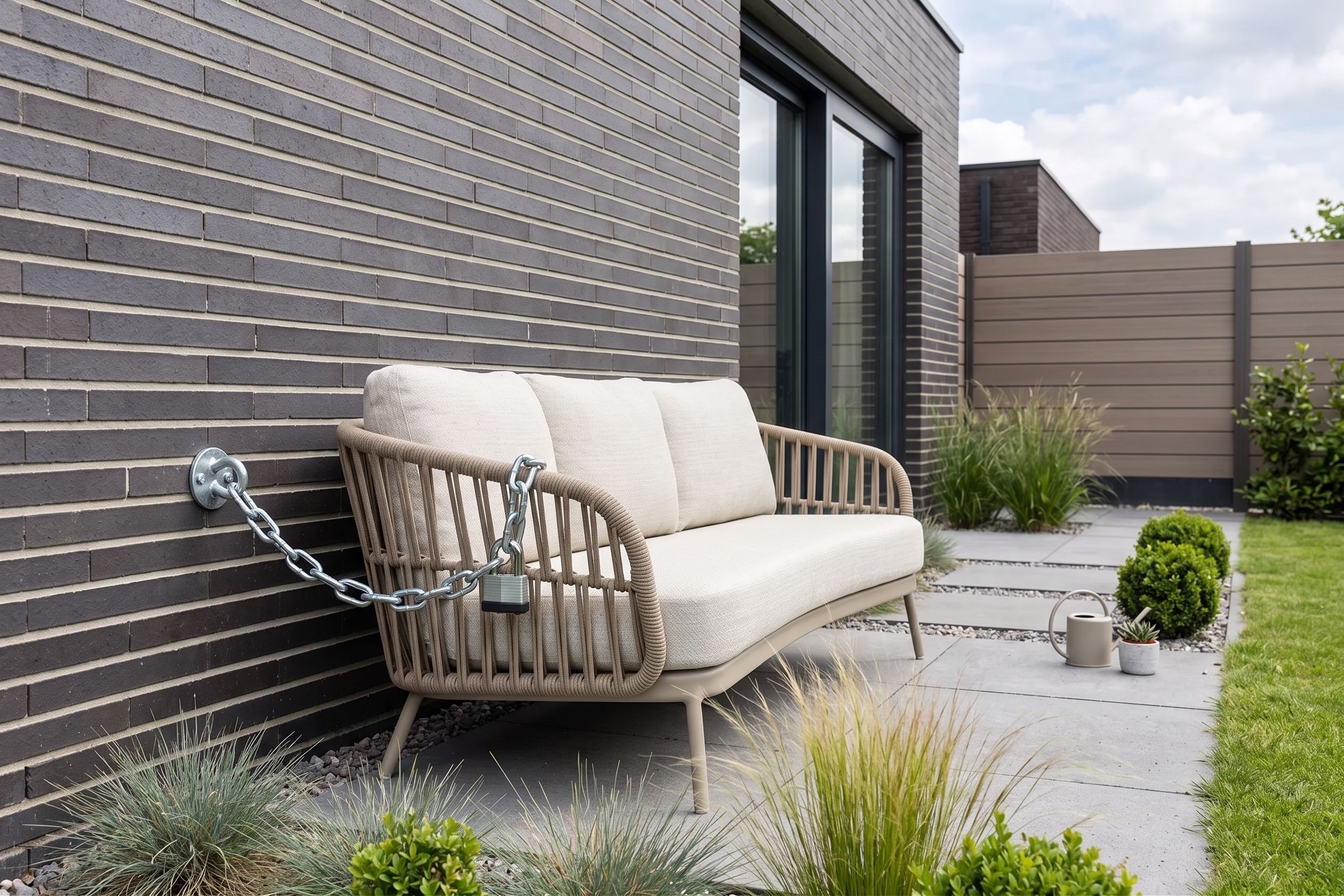 Een moderne loungeset vastgezet aan een antracietgrijze bakstenen muur met een stevige, verzinkte ketting en muuranker tegen diefstal, geplaatst op een terras met tegels en siergrassen.