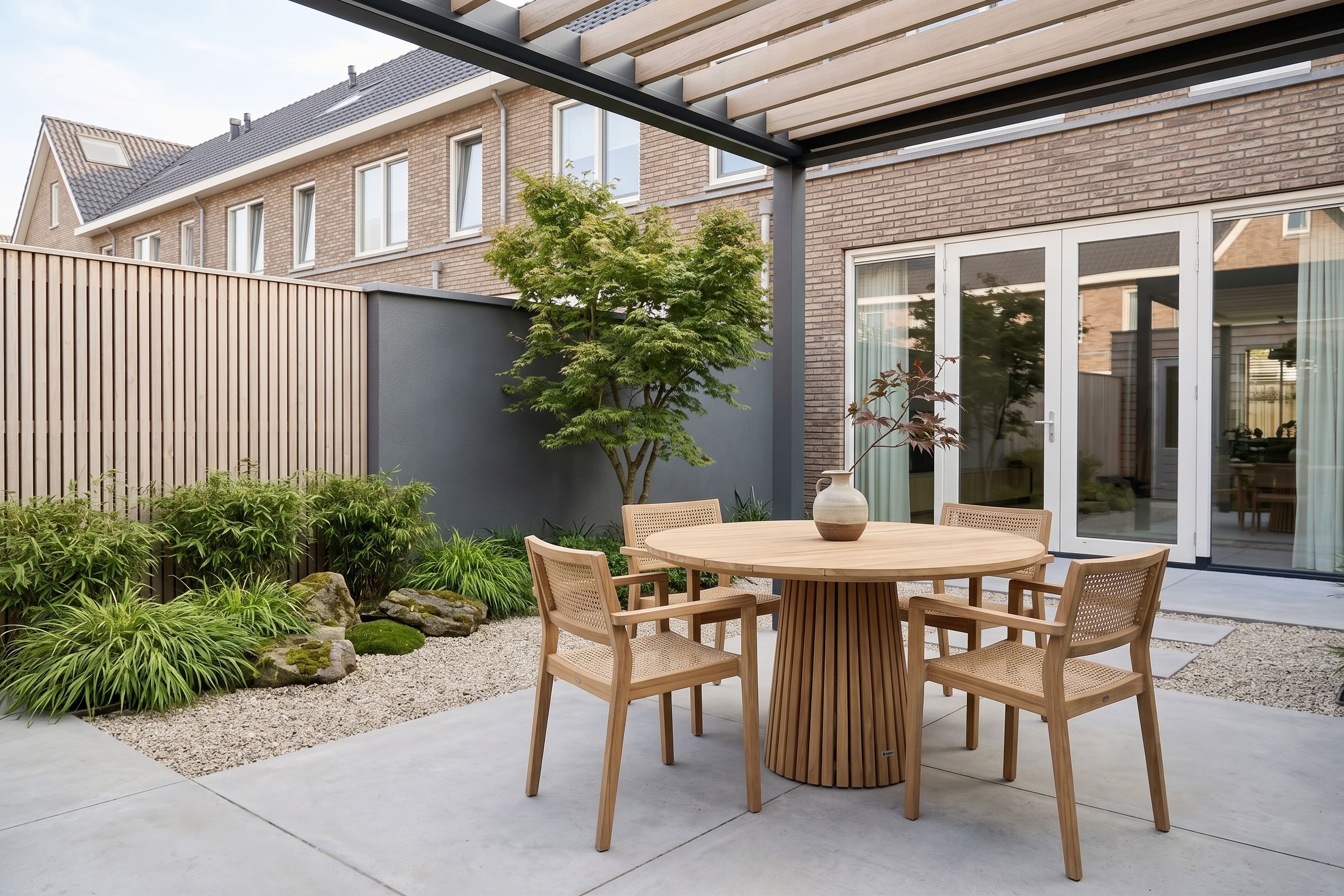 Ronde teakhouten eettafel voor buiten op een betegeld terras in een strak ingerichte tuin