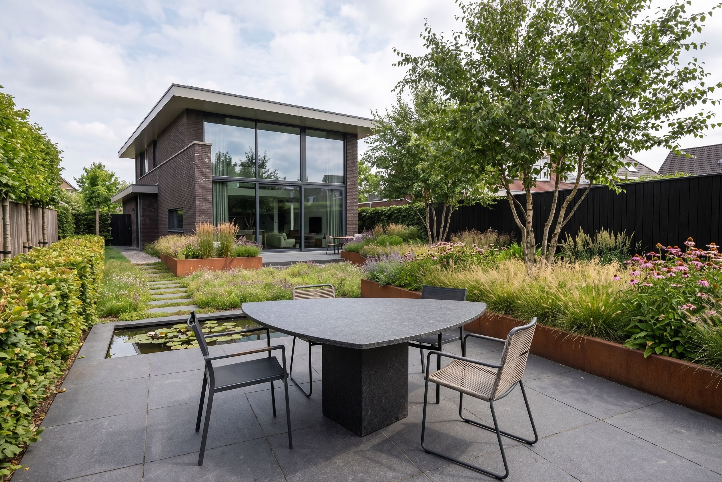 Moderne triangel tuintafel in het donkergrijs met design tuinstoelen op een ruim terras