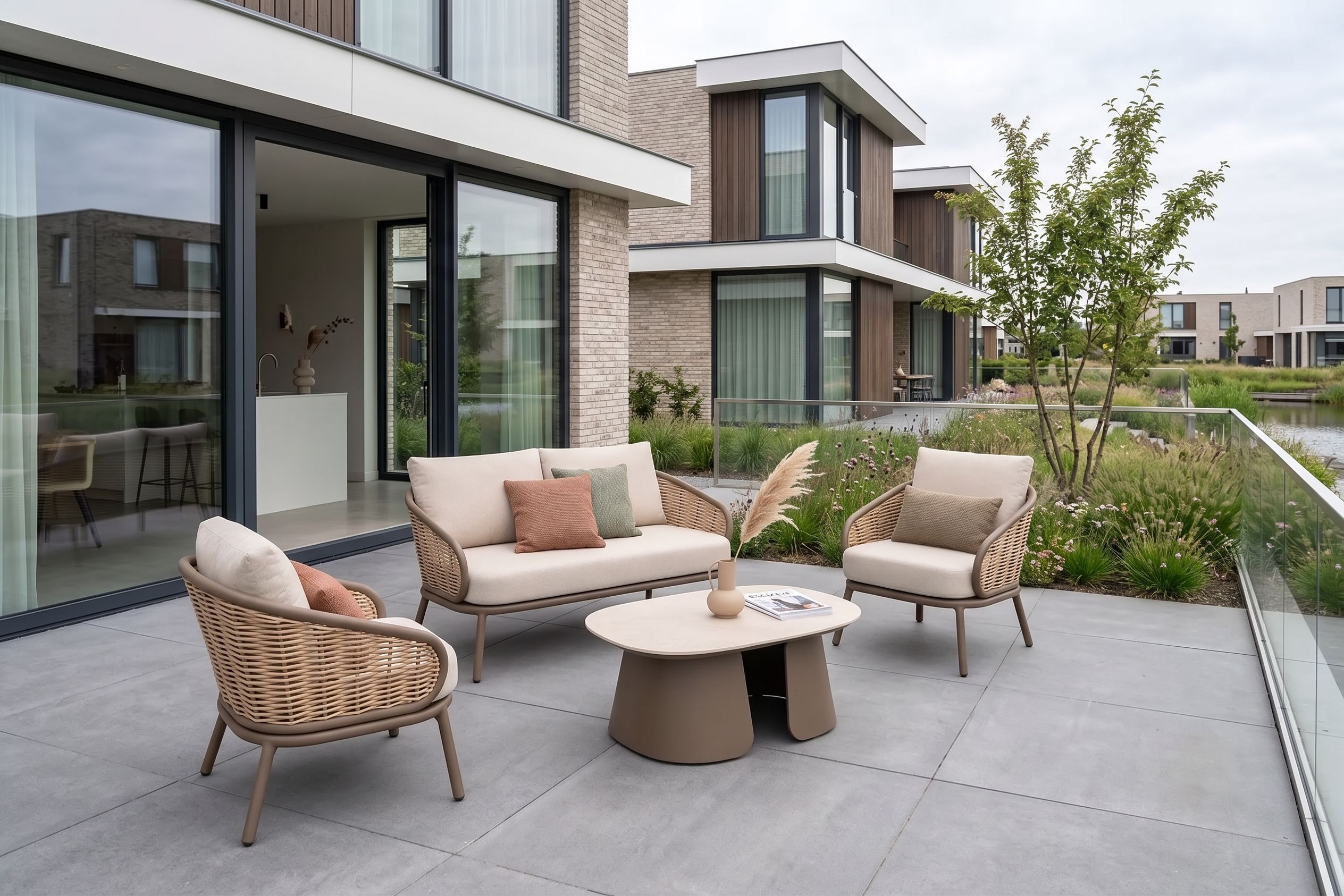 Een schone, drogende wicker loungeset staat opgesteld op een modern, betegeld terras in de buitenlucht.