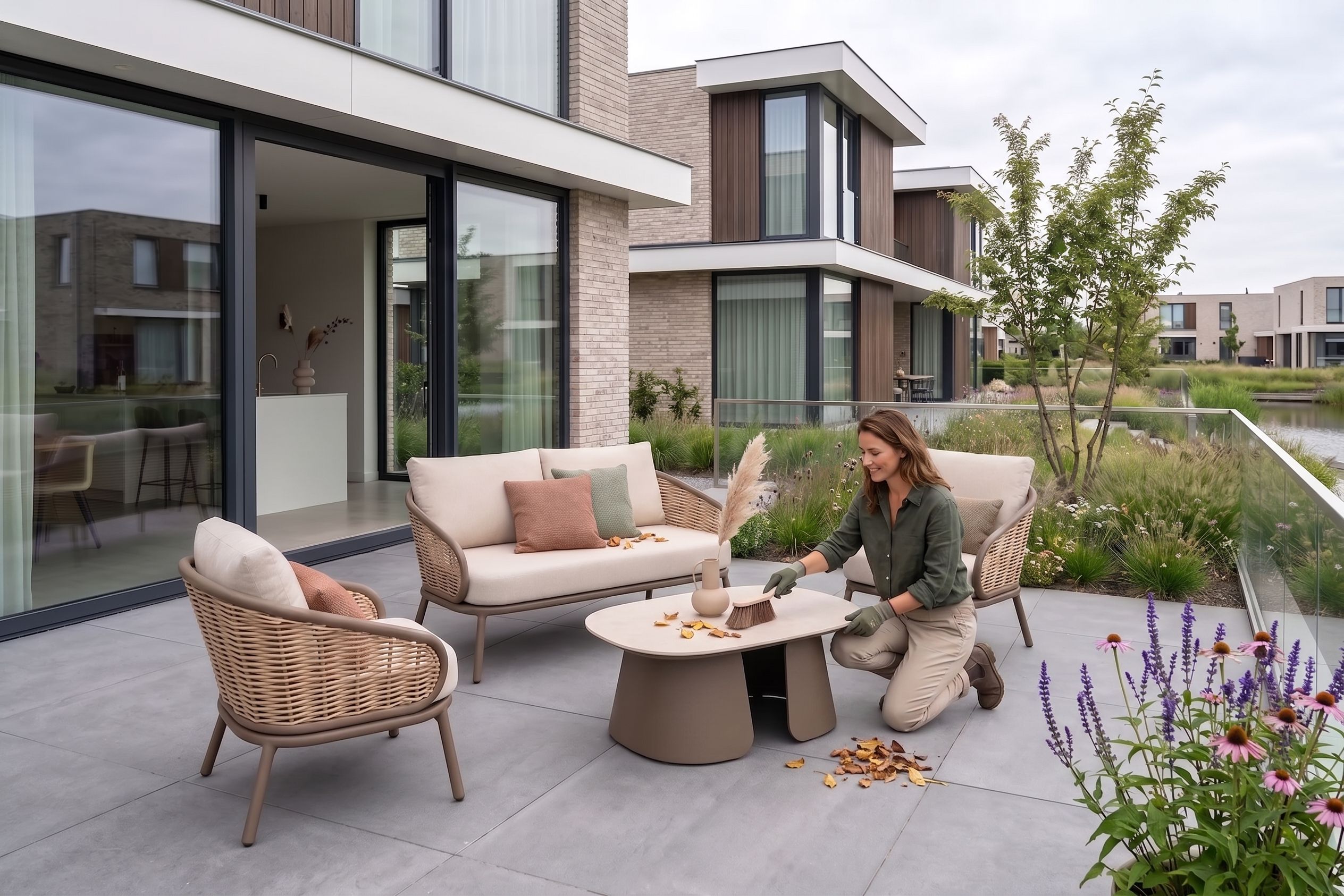 Een vrouw knielt op een betegeld terras en verwijdert met een zachte borstel bladeren van een wicker loungeset.
