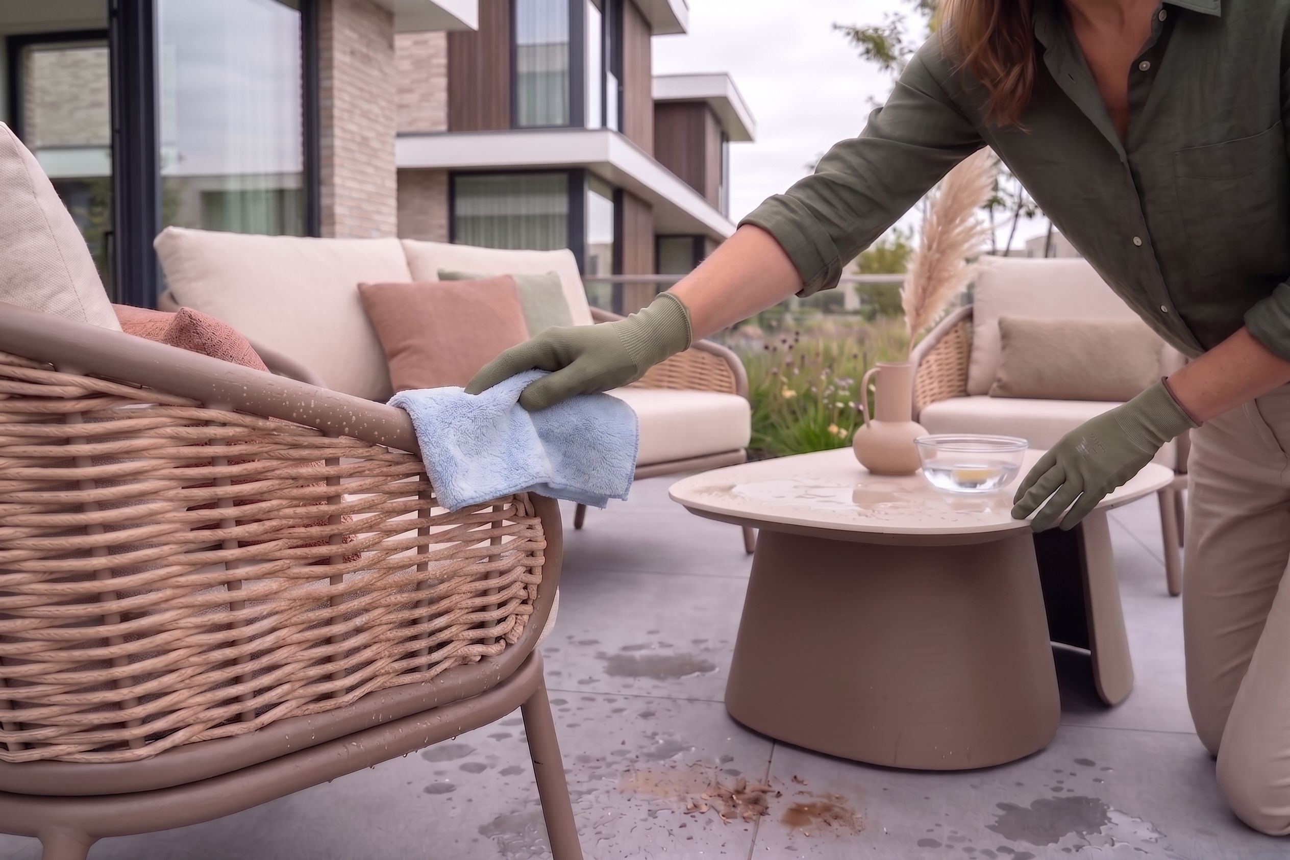 Een vrouw met werkhandschoenen die met een vochtige blauwe doek de leuning van een wicker tuinstoel schoonmaakt.