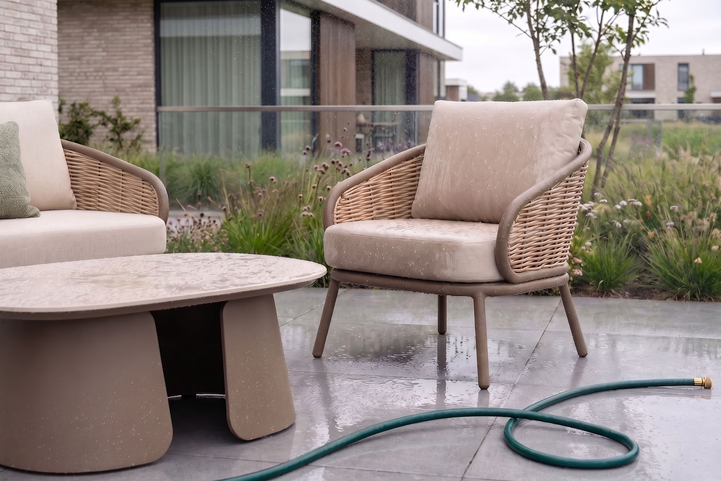 Een wicker loungeset met tuinstoel en loungetafel staat nat op een betegeld terras, met een tuinslang op de grond.