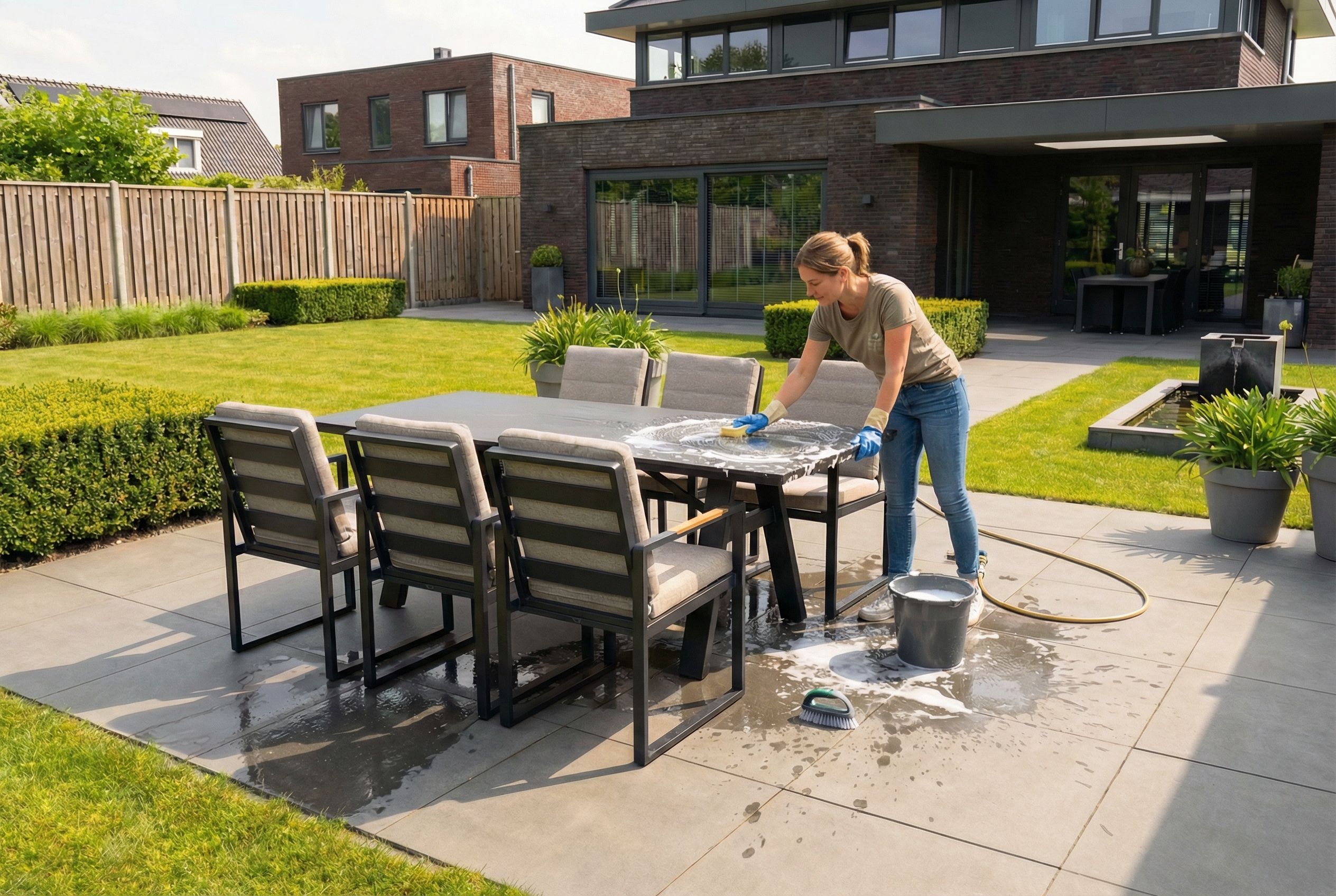 Vrouw die een aluminium tuintafel schoonmaakt in een moderne achtertuin, ter voorbereiding op afdekhoes.
