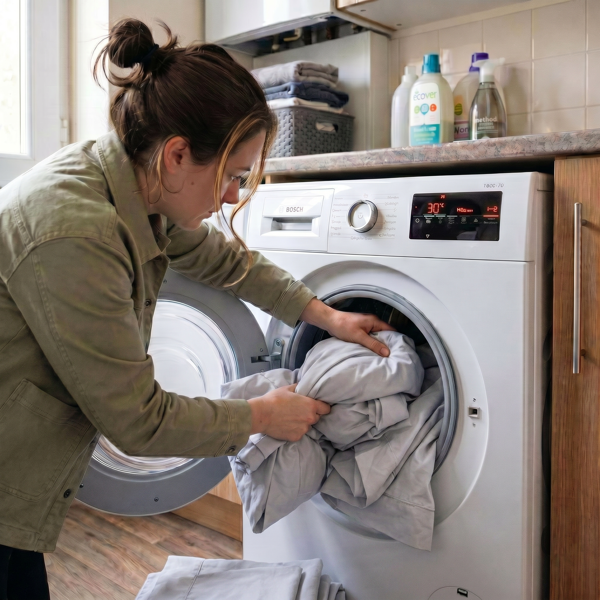 een vrouw stopt de grijze, afritsbare tuinkussenhoezen in een witte wasmachine om ze te reinigen op 30 graden.