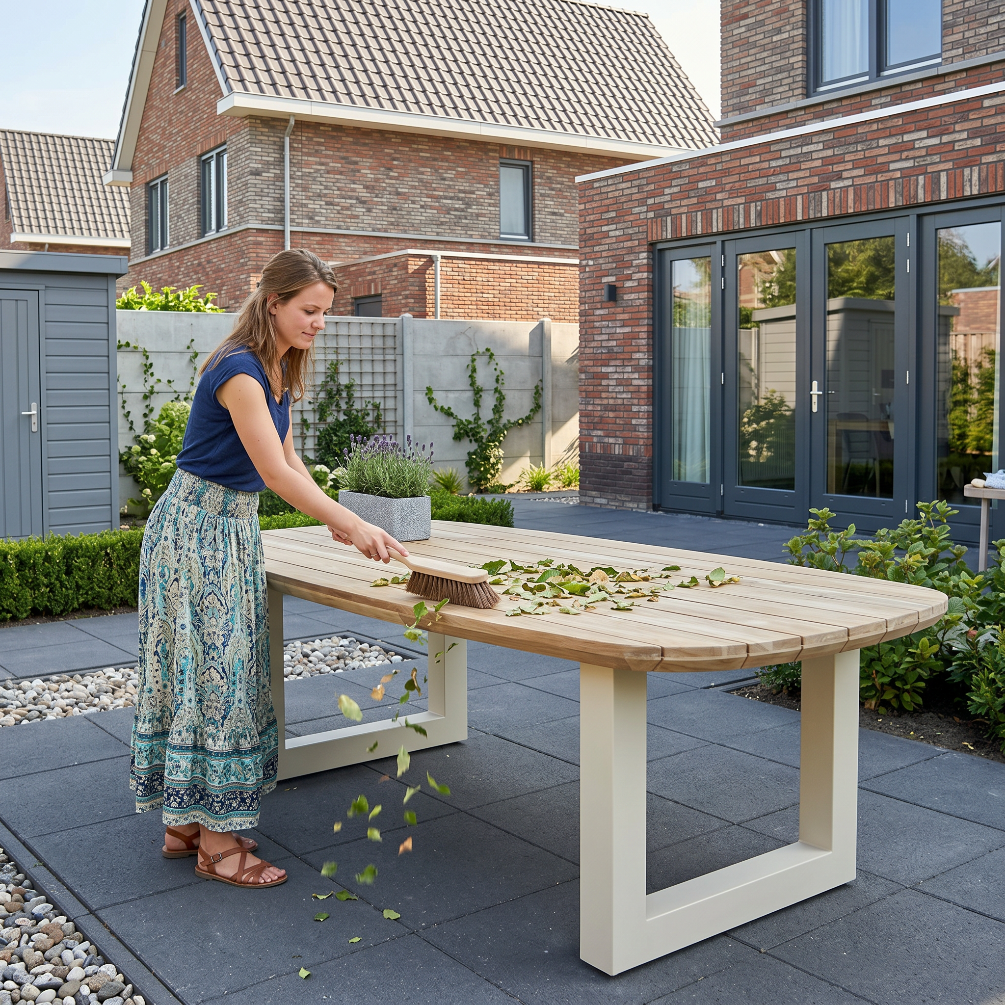 Een vrouw veegt met een zachte borstel bladeren en los vuil van een ovale houten tuintafel op een terras.